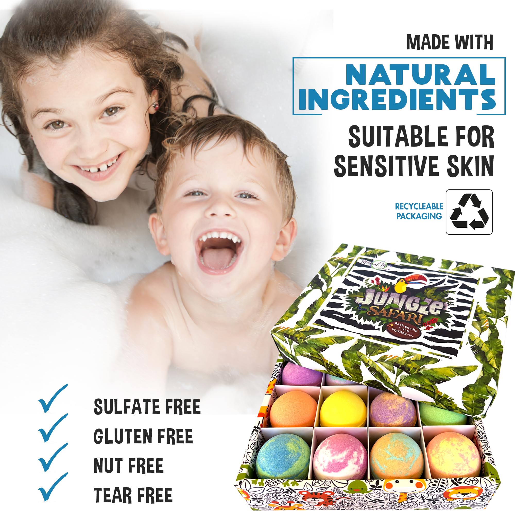 Mineral Me California Kids Bath Bombs with Surprise Inside – 12 Bubble Fizzies & Jungle Animal Toys