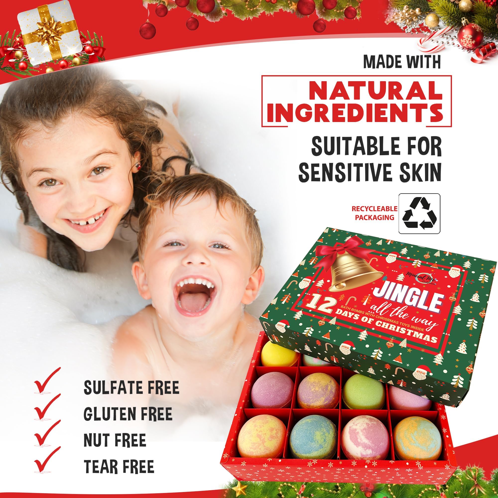 Mineral Me California Christmas Bath Bombs for Kids – 12 Day Advent Calendar Gift Set
