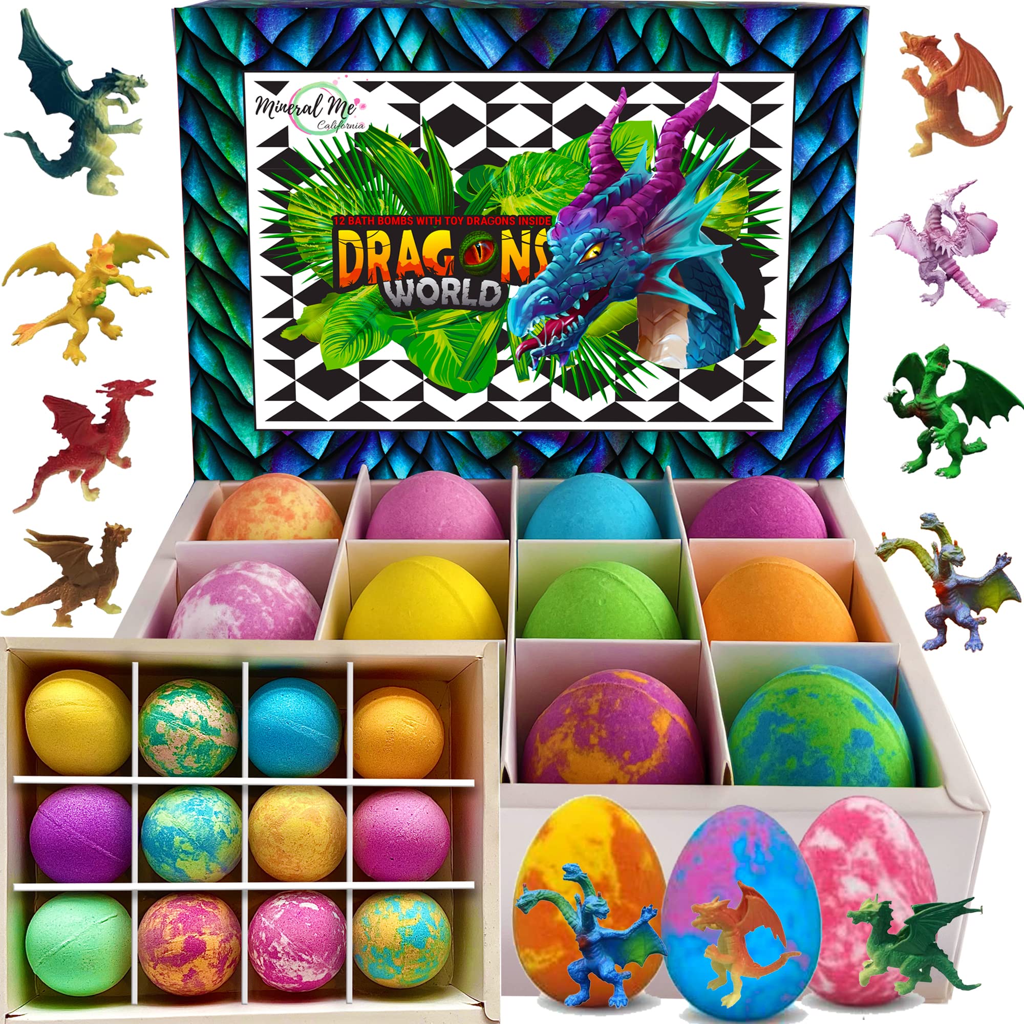 Mineral Me California Kids Bath Bombs with Dragon Egg Toys – 12 Organic Bubble Bath Fizzies