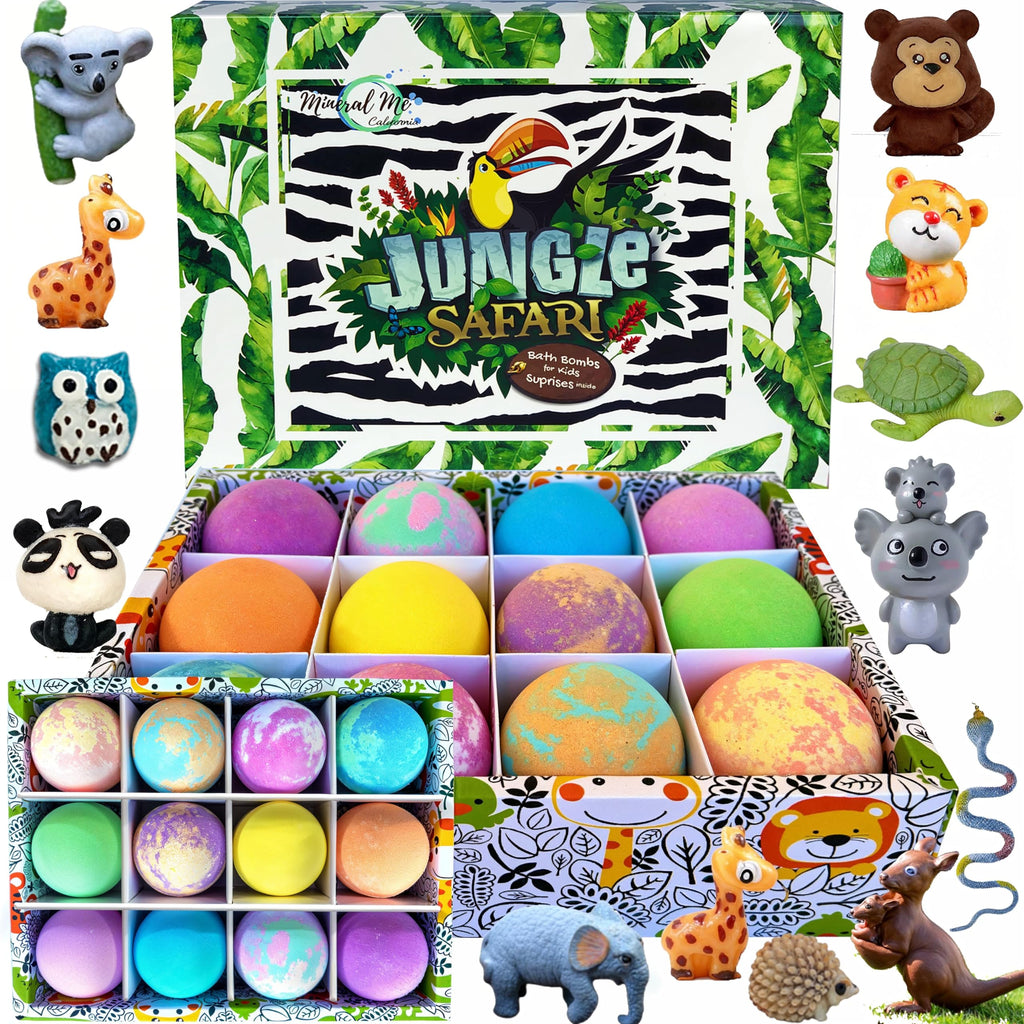Mineral Me California Kids Bath Bombs with Surprise Inside – 12 Bubble Fizzies & Jungle Animal Toys