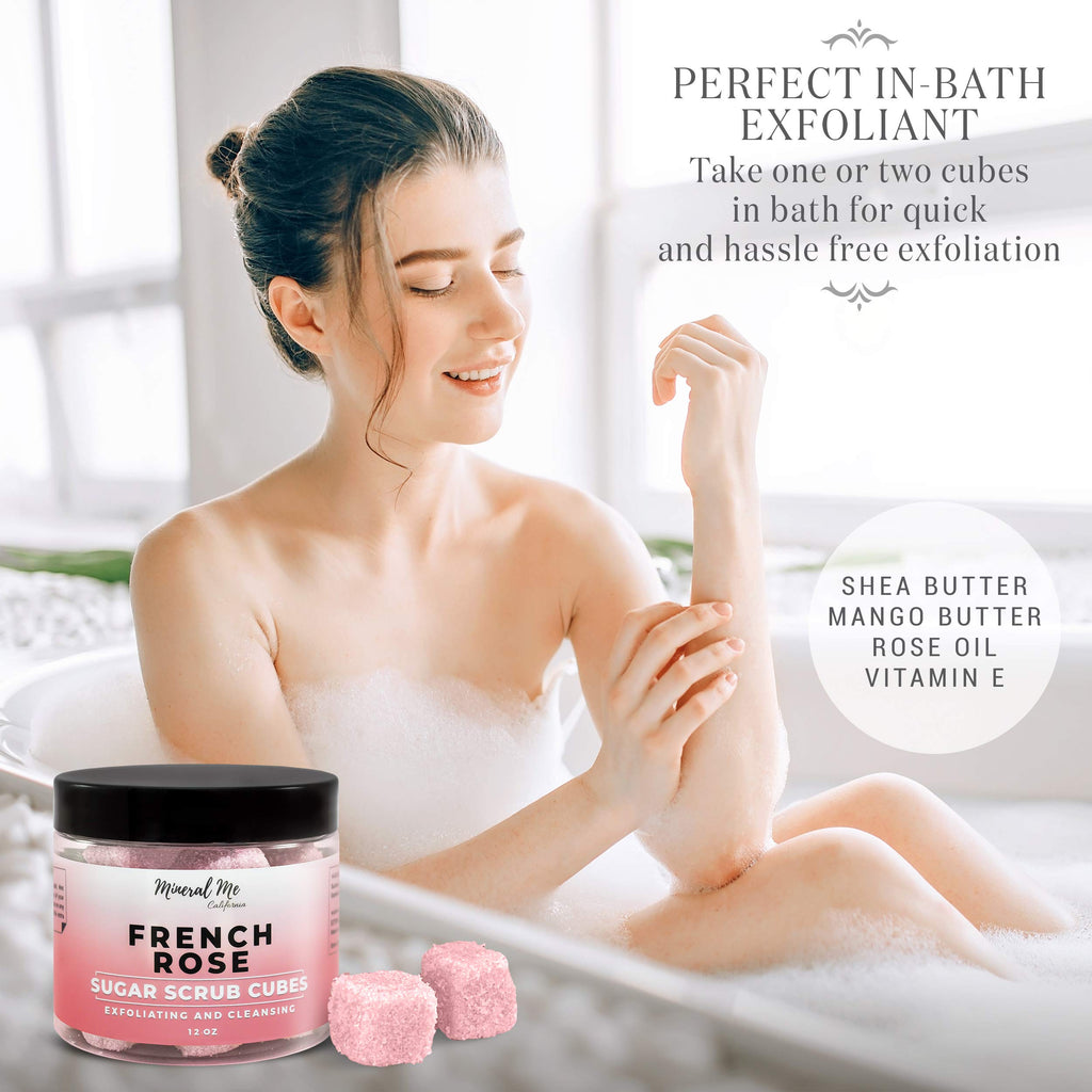 Mineral Me California Body Scrub Exfoliator – 12oz French Rose Sugar Cubes with Mango & Shea Butter