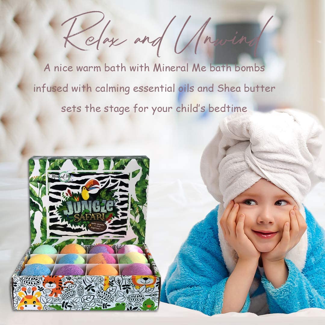 Mineral Me California Kids Bath Bombs with Surprise Inside – 12 Bubble Fizzies & Jungle Animal Toys