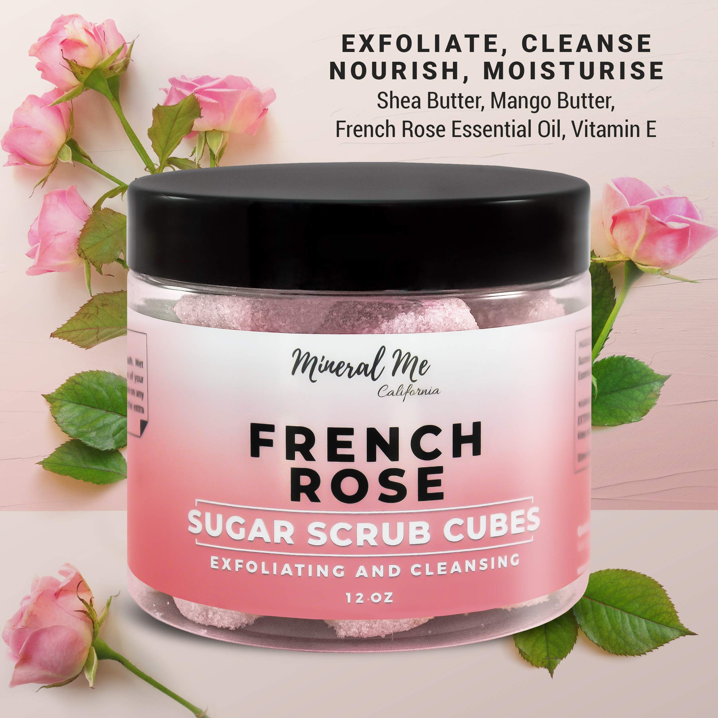 Mineral Me California Body Scrub Exfoliator – 12oz French Rose Sugar Cubes with Mango & Shea Butter
