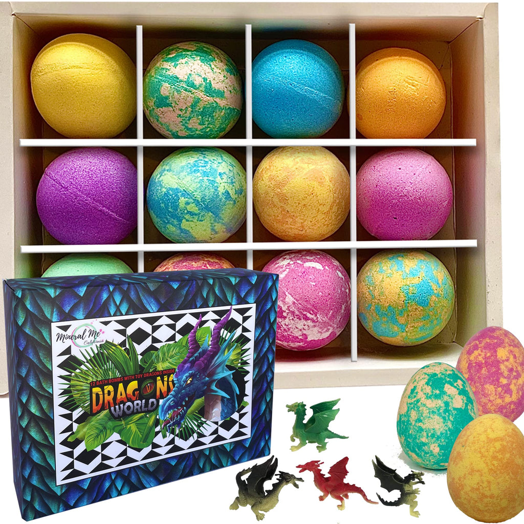Mineral Me California Kids Bath Bombs with Dragon Egg Toys – 12 Organic Bubble Bath Fizzies