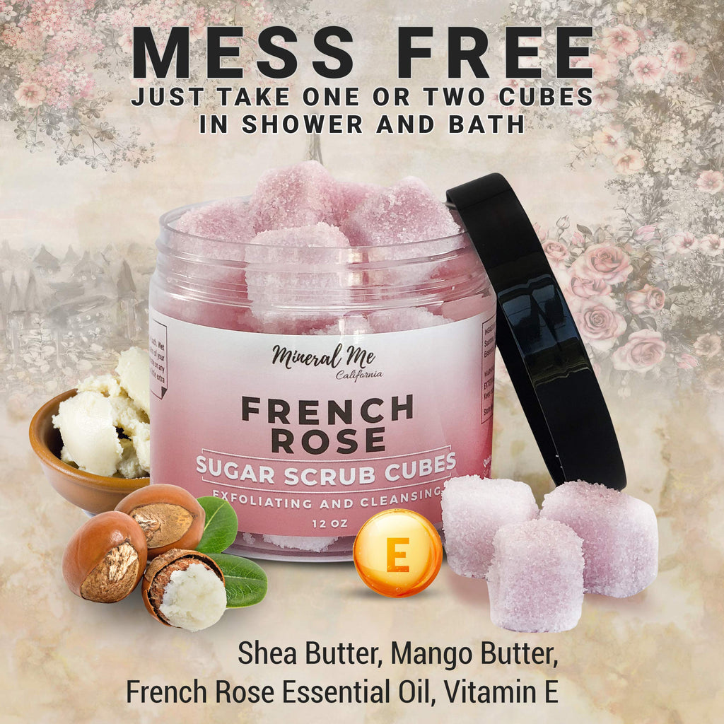 Mineral Me California Body Scrub Exfoliator – 12oz French Rose Sugar Cubes with Mango & Shea Butter