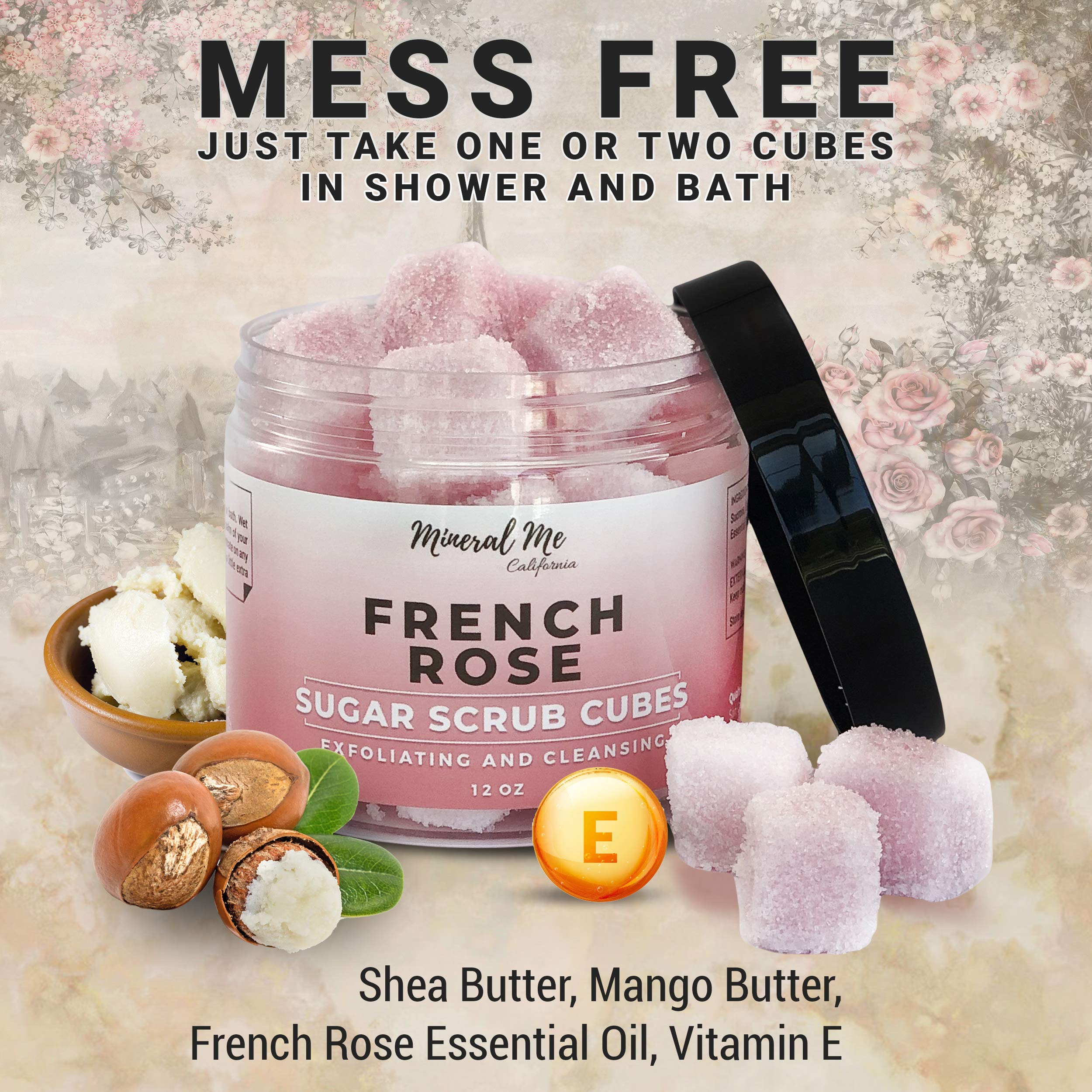 Mineral Me California Body Scrub Exfoliator – 12oz French Rose Sugar Cubes with Mango & Shea Butter