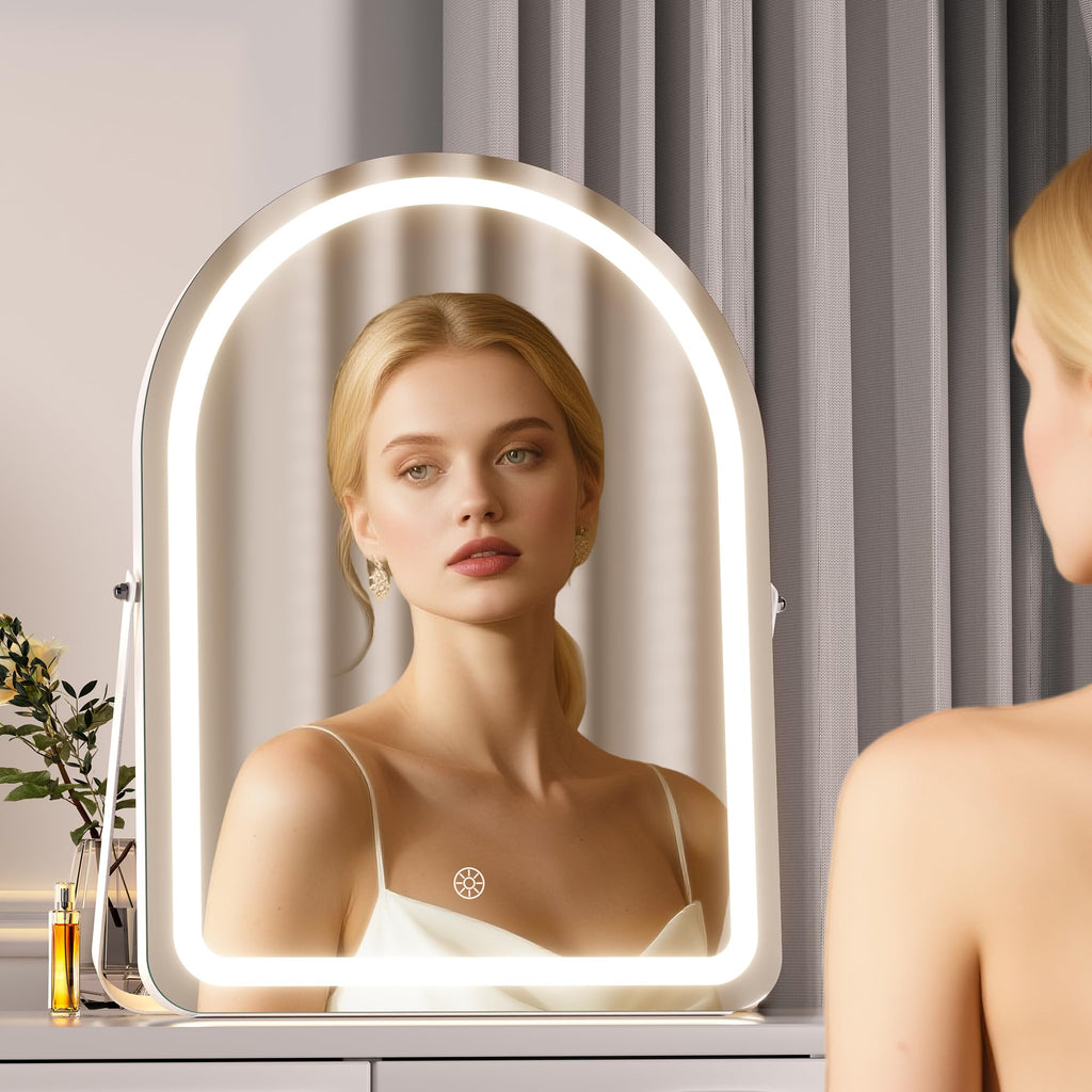 MINISO Vanity Mirror with Lights - 14x18 Arched Makeup Mirror, 3 Color Lights, Adjustable Brightness, 10X Magnification