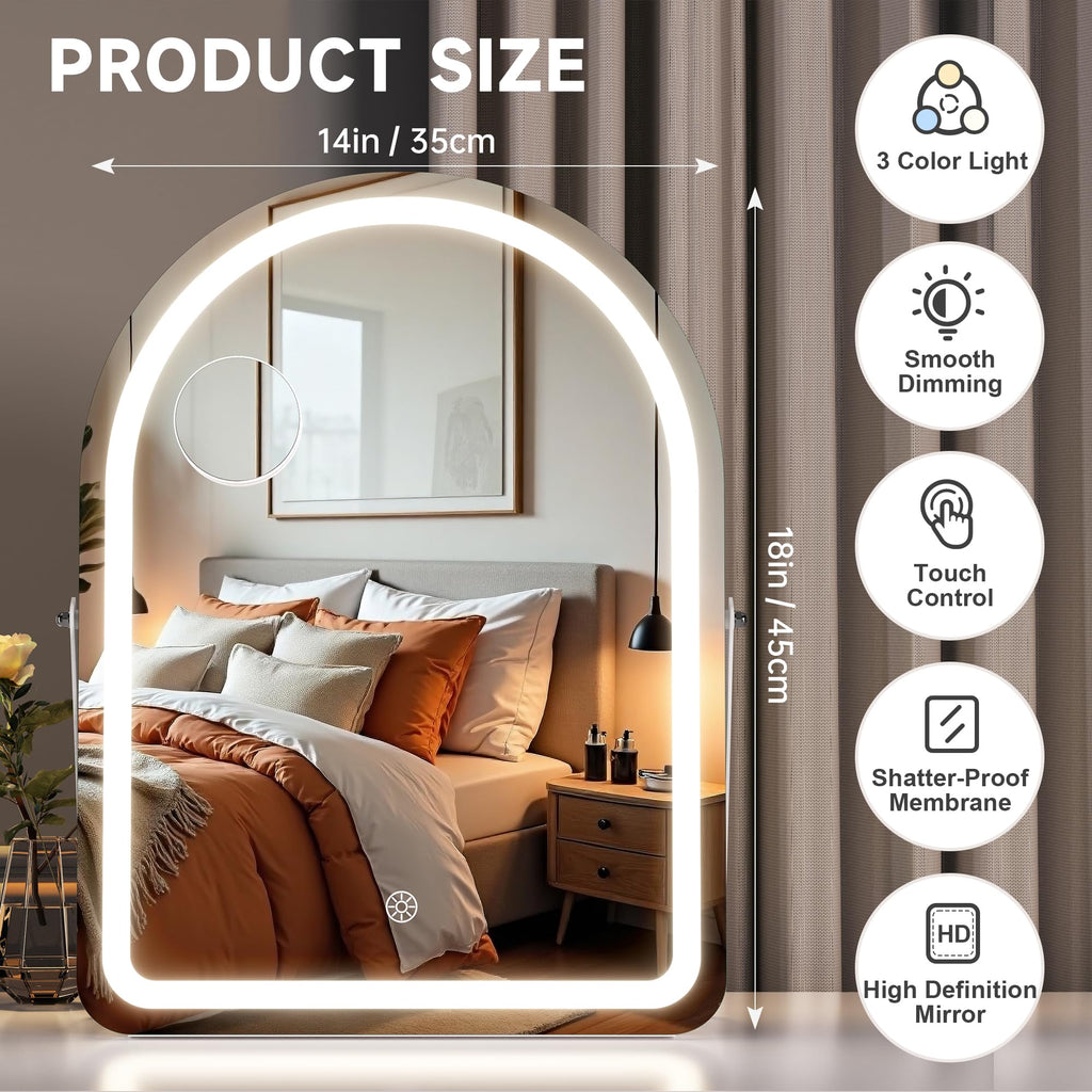MINISO Vanity Mirror with Lights - 14x18 Arched Makeup Mirror, 3 Color Lights, Adjustable Brightness, 10X Magnification