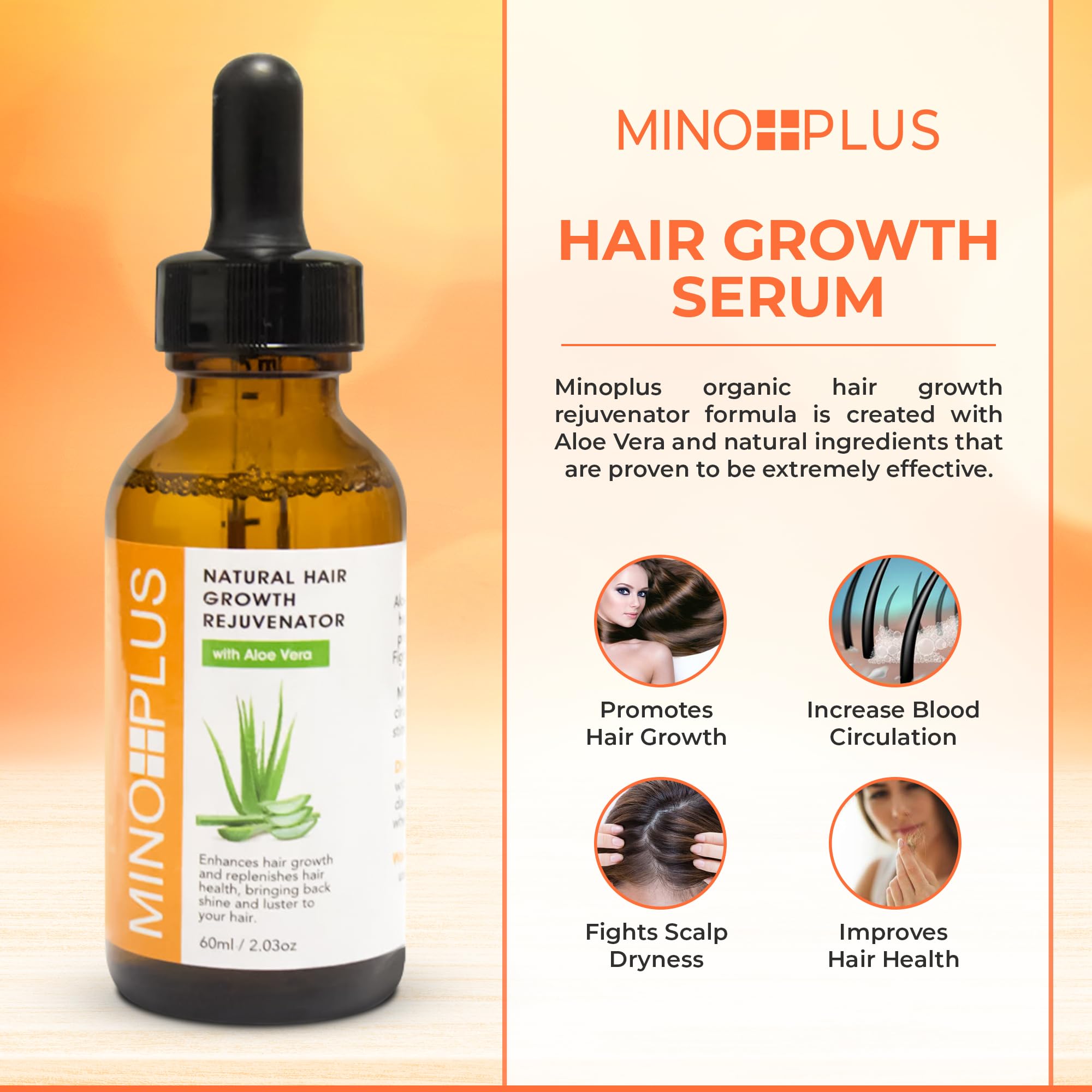 MINO PLUS Natural Hair Growth Serum – 60ml x2 | Aloe Vera, Vitamins A–E for Stronger, Fuller Hair