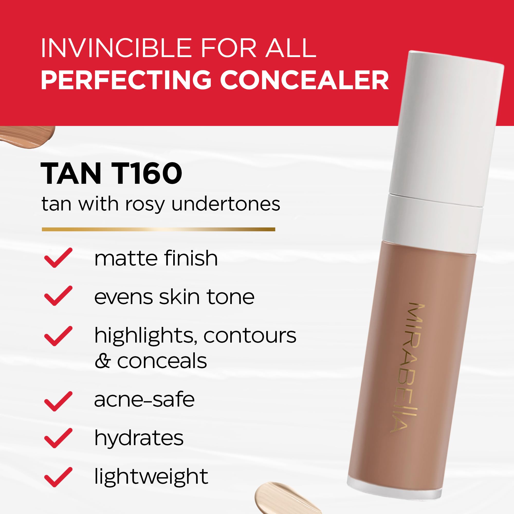 Mirabella Invincible For All Perfecting Under Eye Concealer – Full Coverage Hydrating Concealer with Hyaluronic Acid (Tan T160)