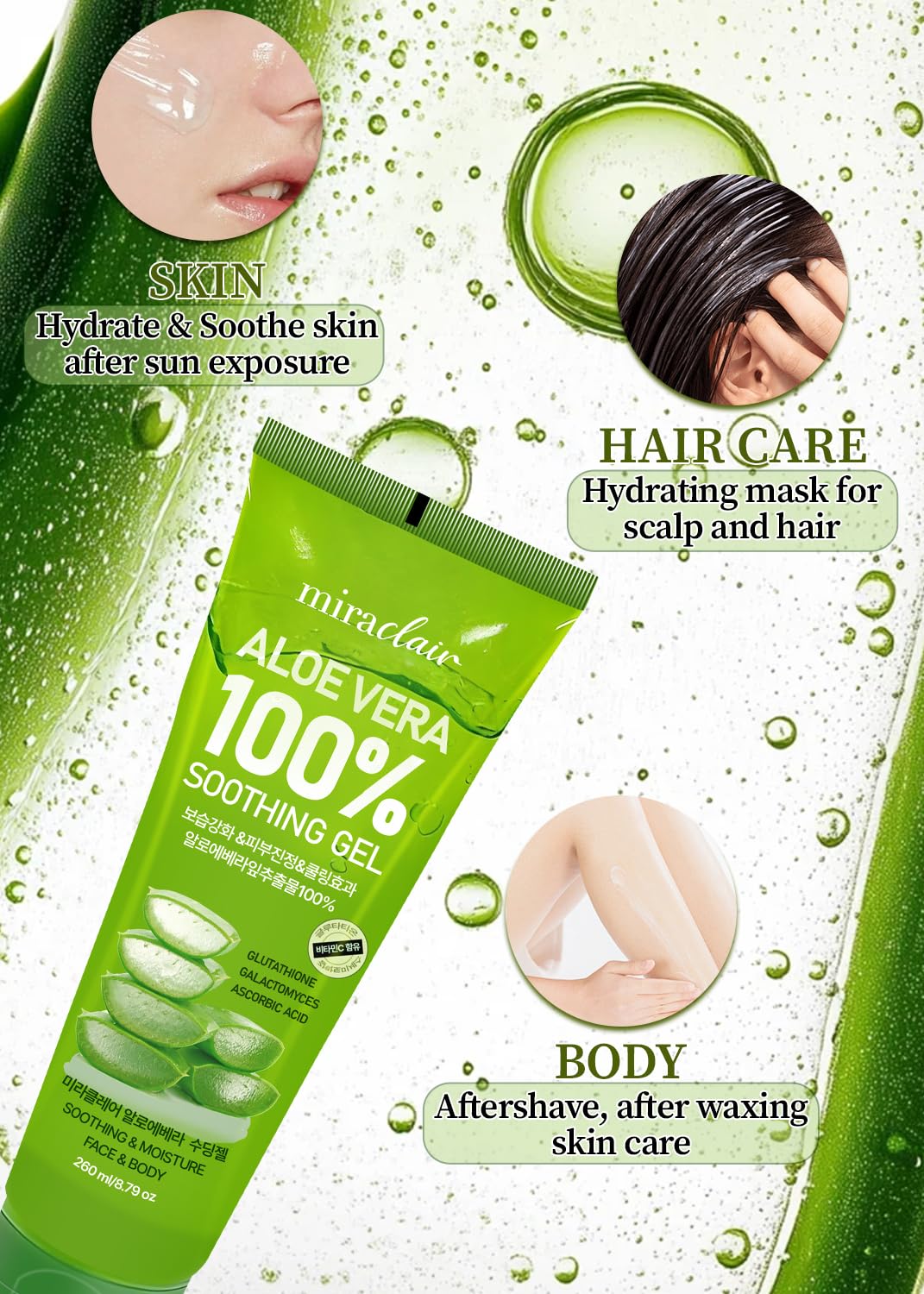 MIRACLAIR Aloe Vera Gel 100% Pure – Hydrating, Soothing for Face & Body | Made in Korea