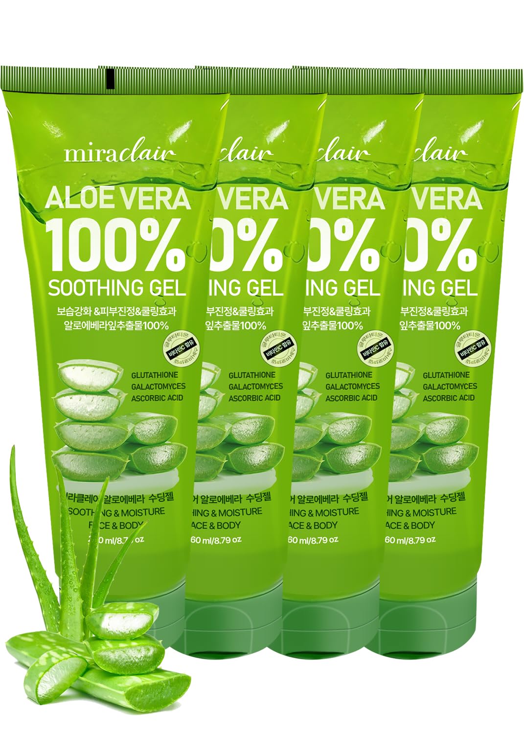 MIRACLAIR Aloe Vera Gel (4PCS) – 8.79 fl oz Travel Size, 100% Pure for Face & Body