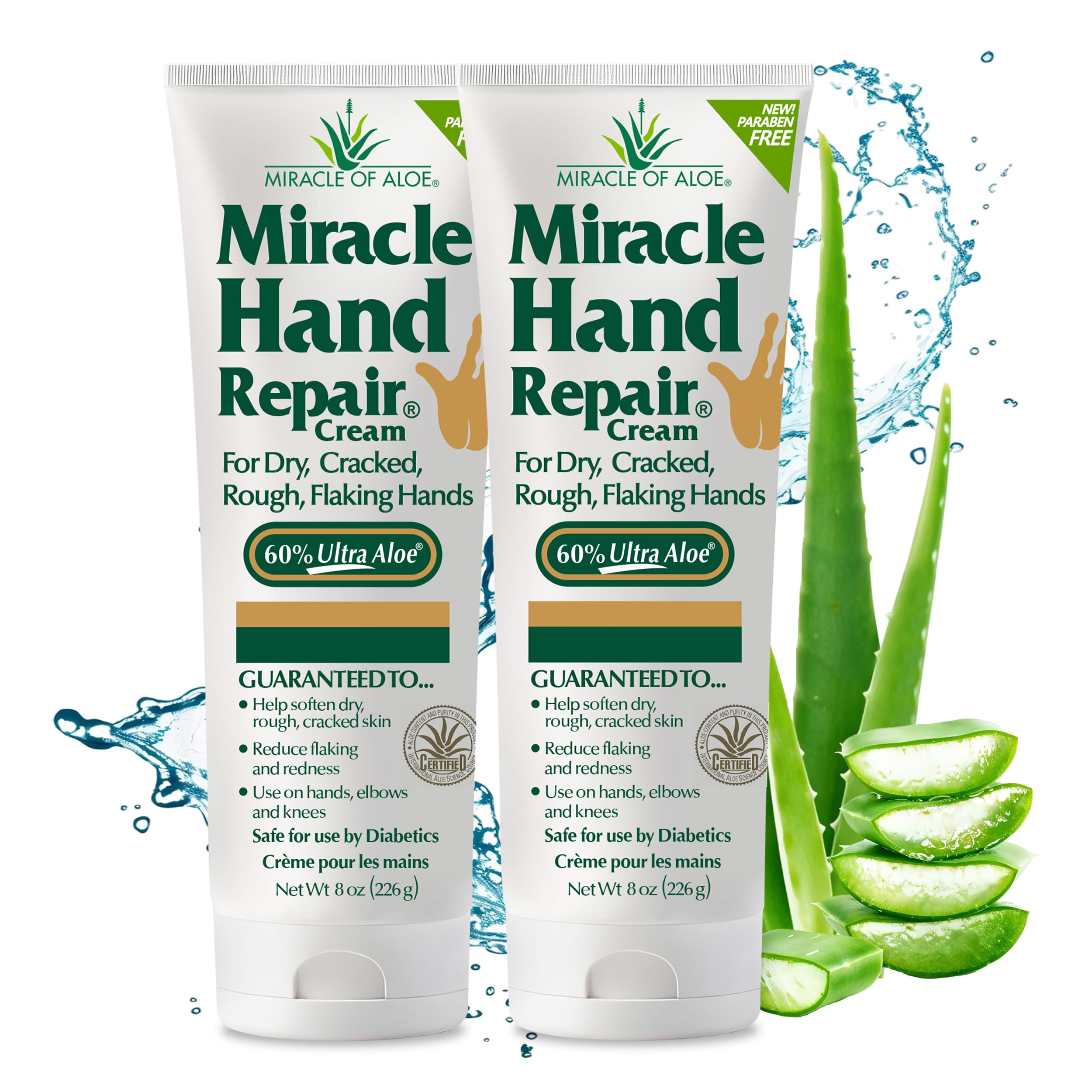 Miracle of Aloe Hand Repair Cream – 60% UltraAloe, 8 oz, Non-Greasy, Fast-Absorbing (2-Pack)