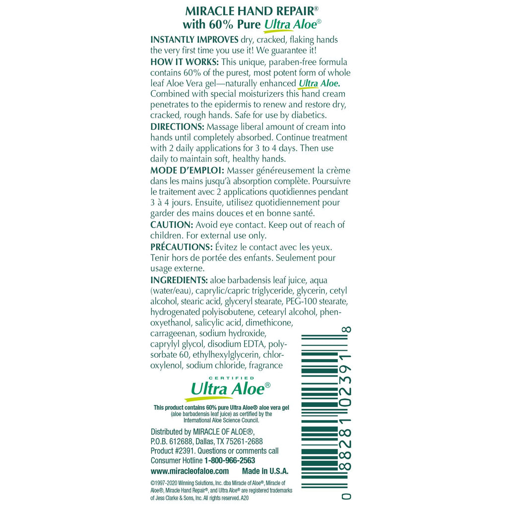Miracle of Aloe Hand Repair Cream - 8 oz | Fast-Absorbing, Non-Greasy Hydration for Dry Hands