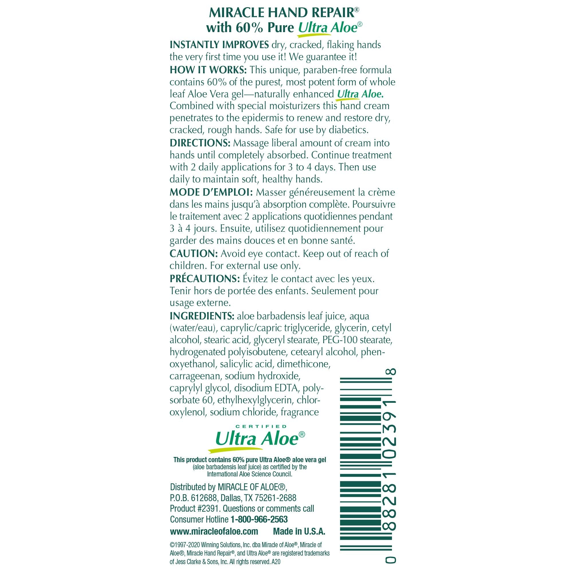 Miracle of Aloe Hand Repair Cream - 8 oz | Fast-Absorbing, Non-Greasy Hydration for Dry Hands
