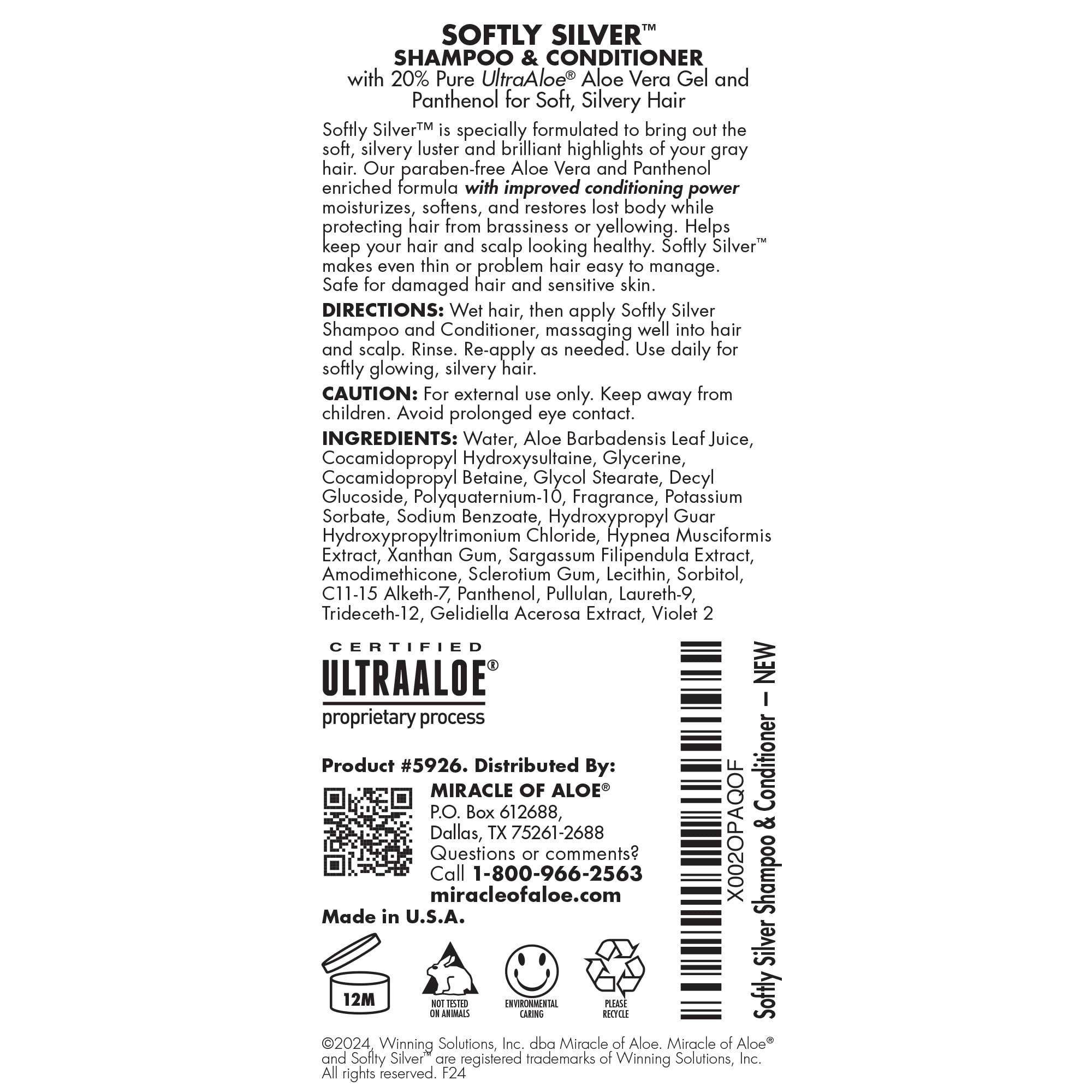 Miracle of Aloe Softly Silver Shampoo - 2-in-1 Purple Restorative Wash for Gray Hair
