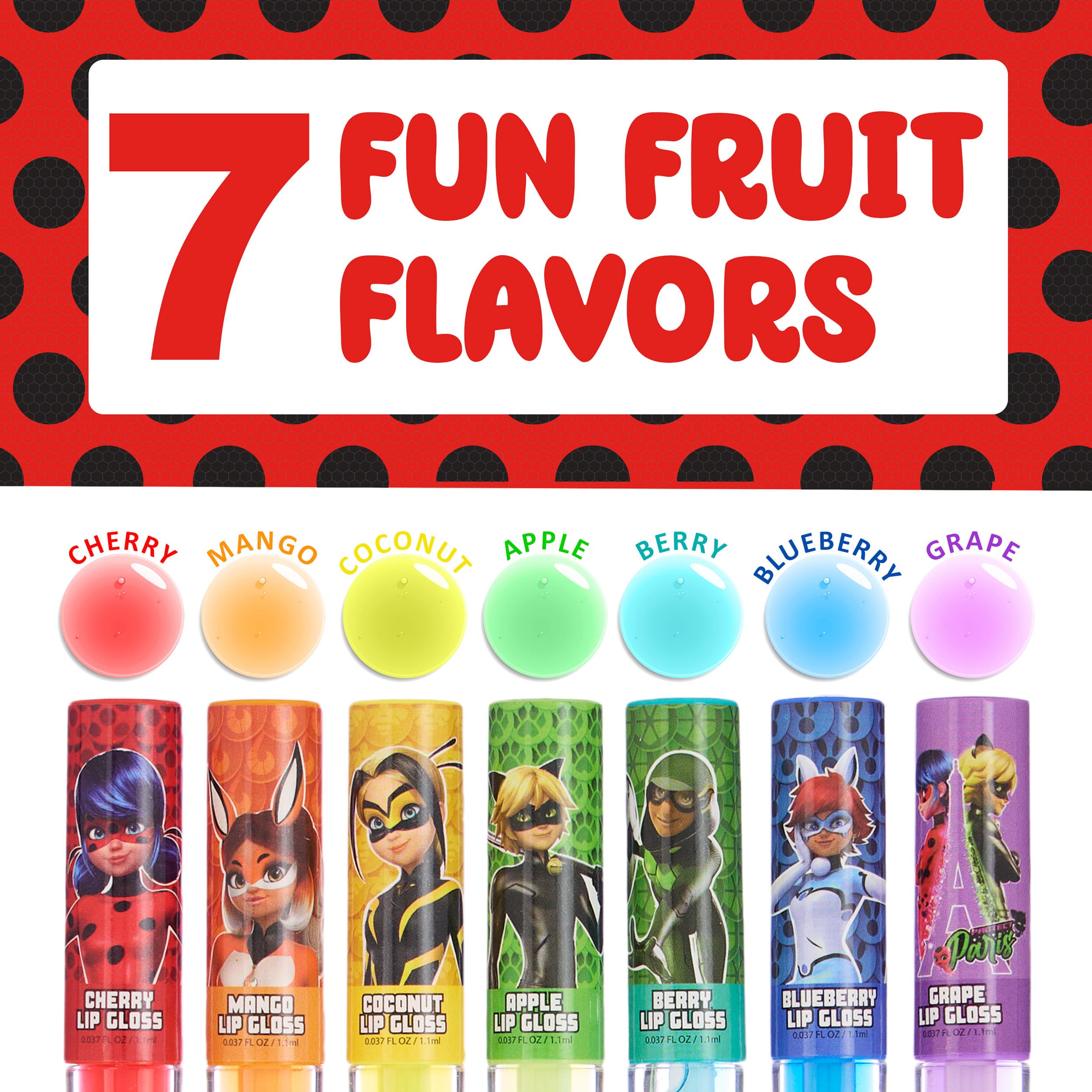 Miraculous 7pc Lip Gloss Set – Zag Heroez Collection with Fruity Flavors & Precision Wand