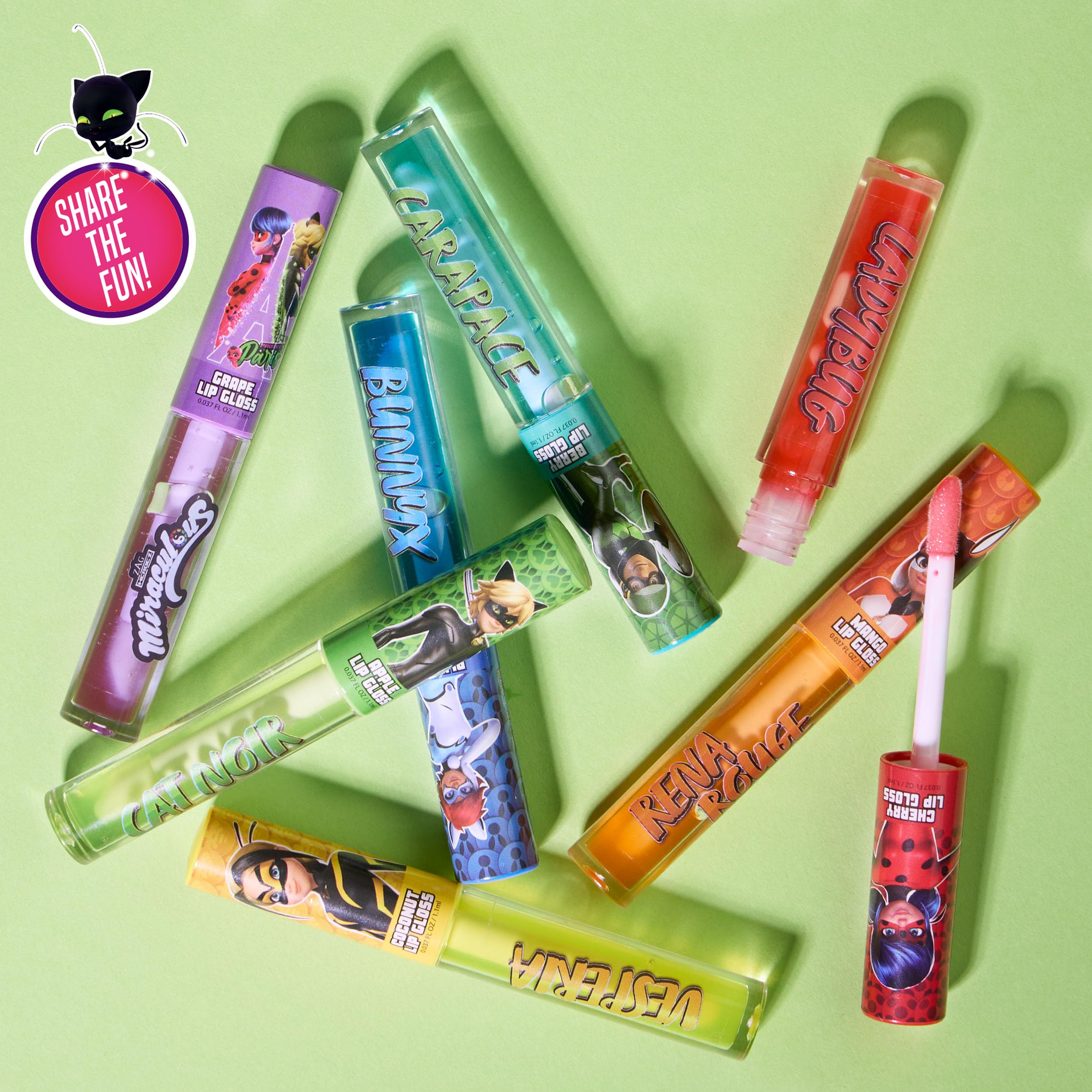 Miraculous 7pc Lip Gloss Set – Zag Heroez Collection with Fruity Flavors & Precision Wand