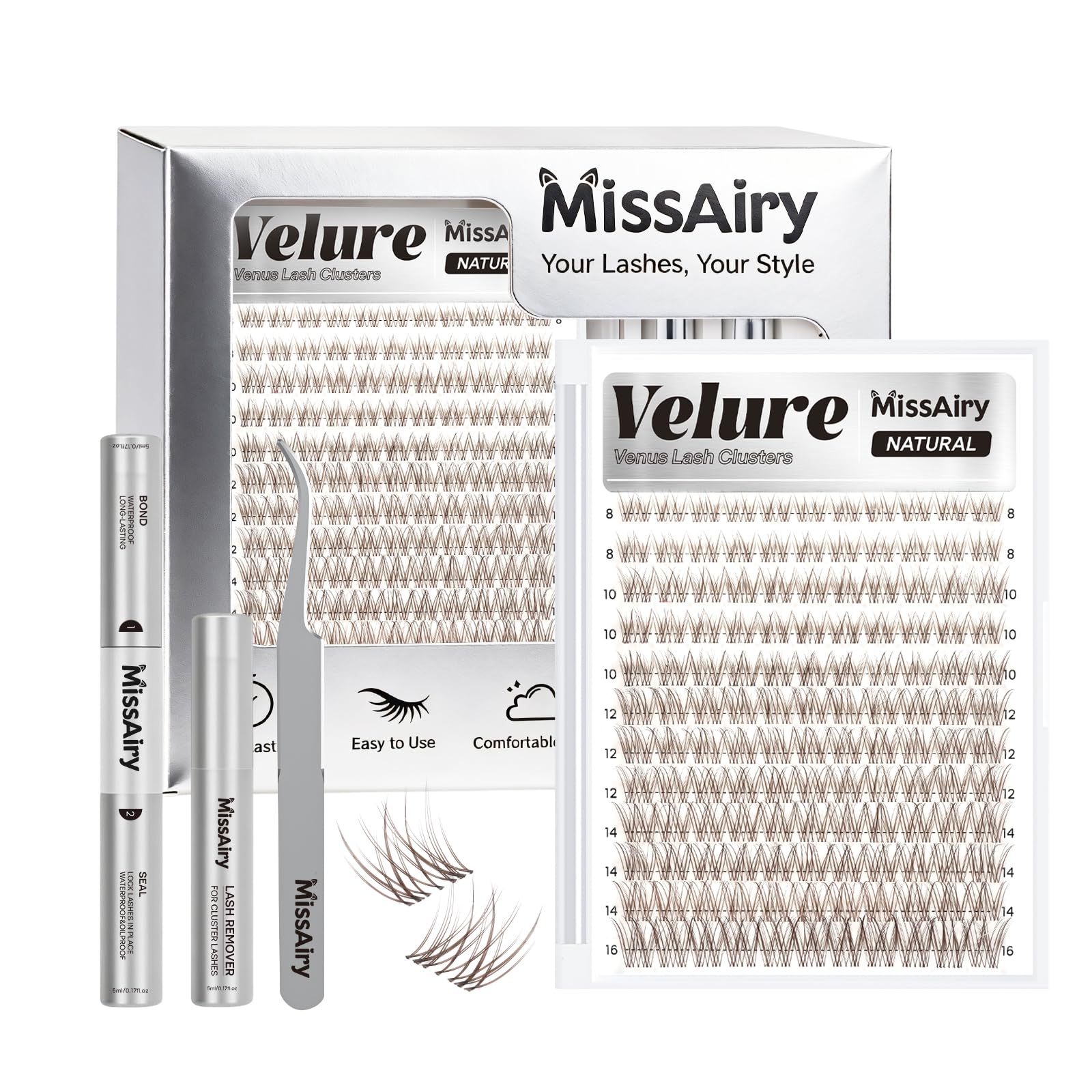 MissAiry Velure Lash Clusters Kit (Dark Brown) | 8-16mm D-Curl, Invisible Band