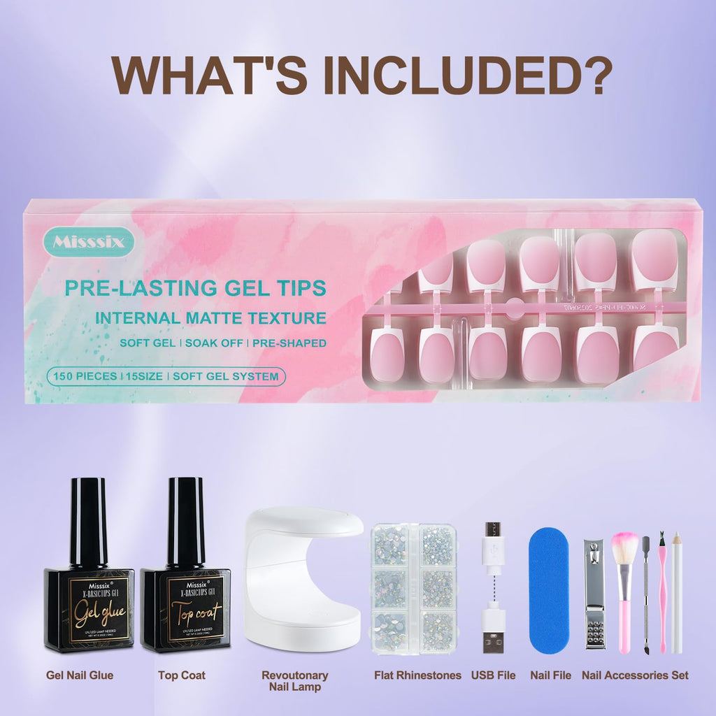 Misssix French Tip Press On Nails – 150Pcs Short Square Pink & White Gel Kit | DIY Nail Art Starter