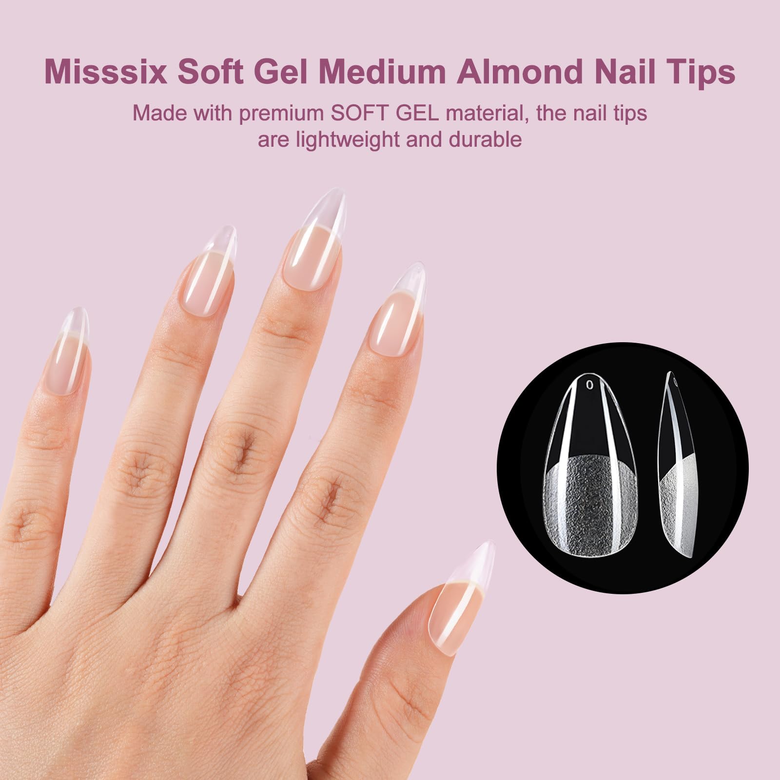 Misssix Medium Almond Gel Nail Tips Kit – 360Pcs, 12 Sizes, Portable UV Lamp