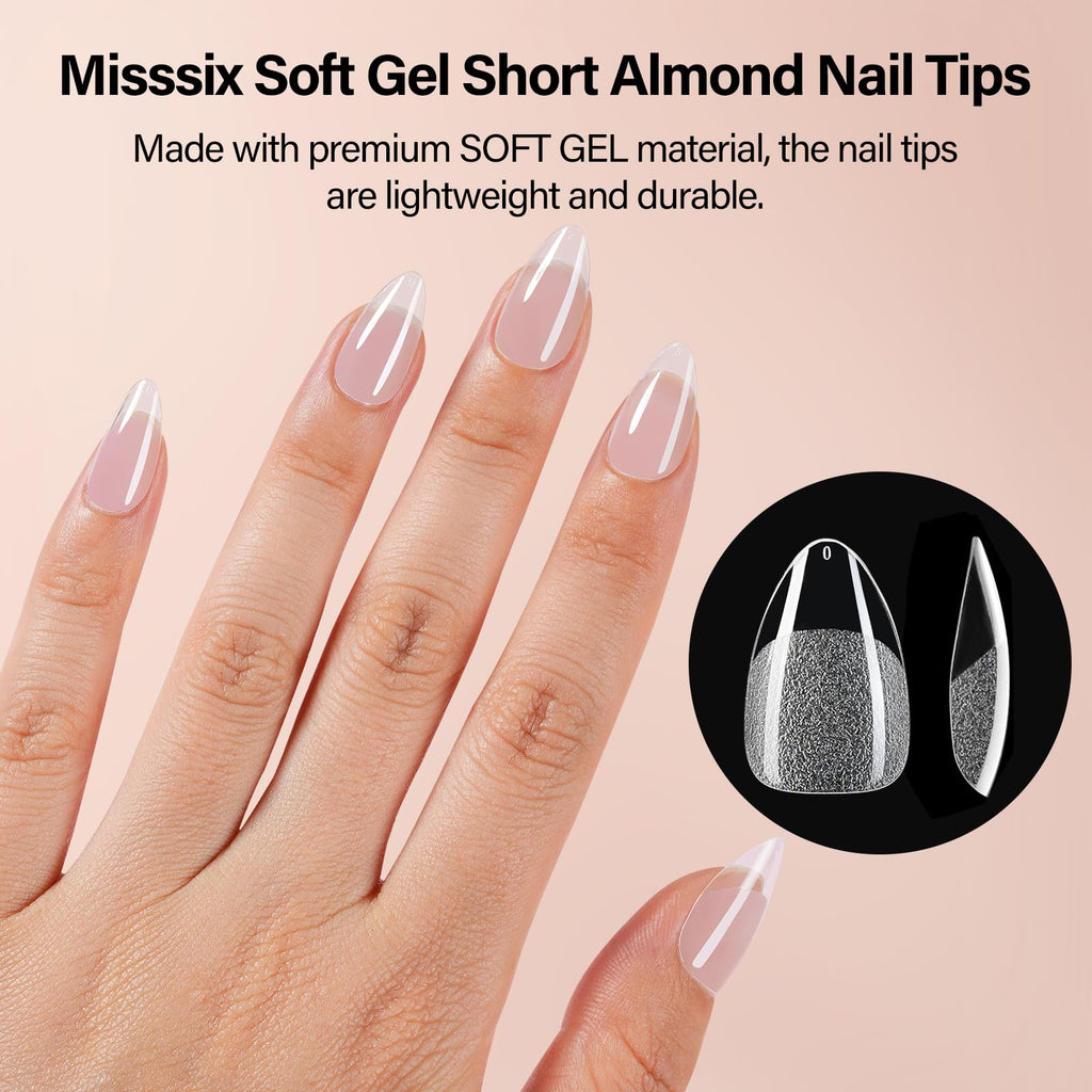 Misssix Short Almond Gel x Nail Tips Kit — 504Pcs Clear Nails, 12 Sizes, Portable UV Lamp
