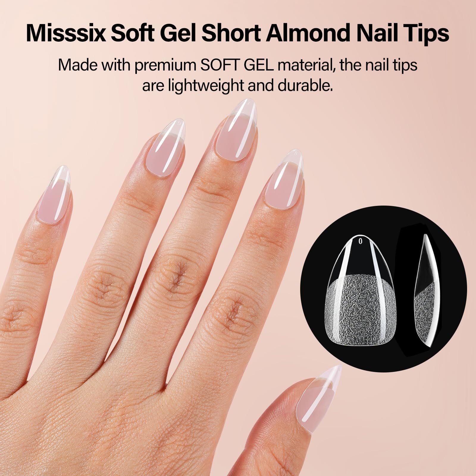 Misssix Short Almond Gel x Nail Tips Kit — 504Pcs Clear Nails, 12 Sizes, Portable UV Lamp