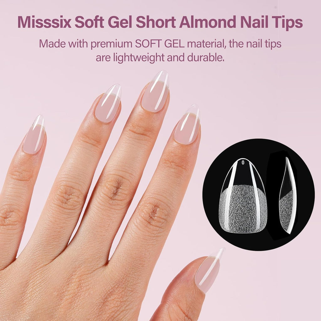 Misssix Short Almond Gel Nail Tips Kit – 360Pcs, 12 Sizes, 9-in-1 Gel Glue & Portable UV/LED Lamp