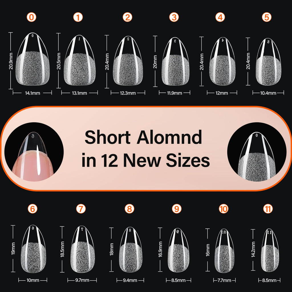 Misssix Short Almond Gel x Nail Tips Kit — 504Pcs Clear Nails, 12 Sizes, Portable UV Lamp