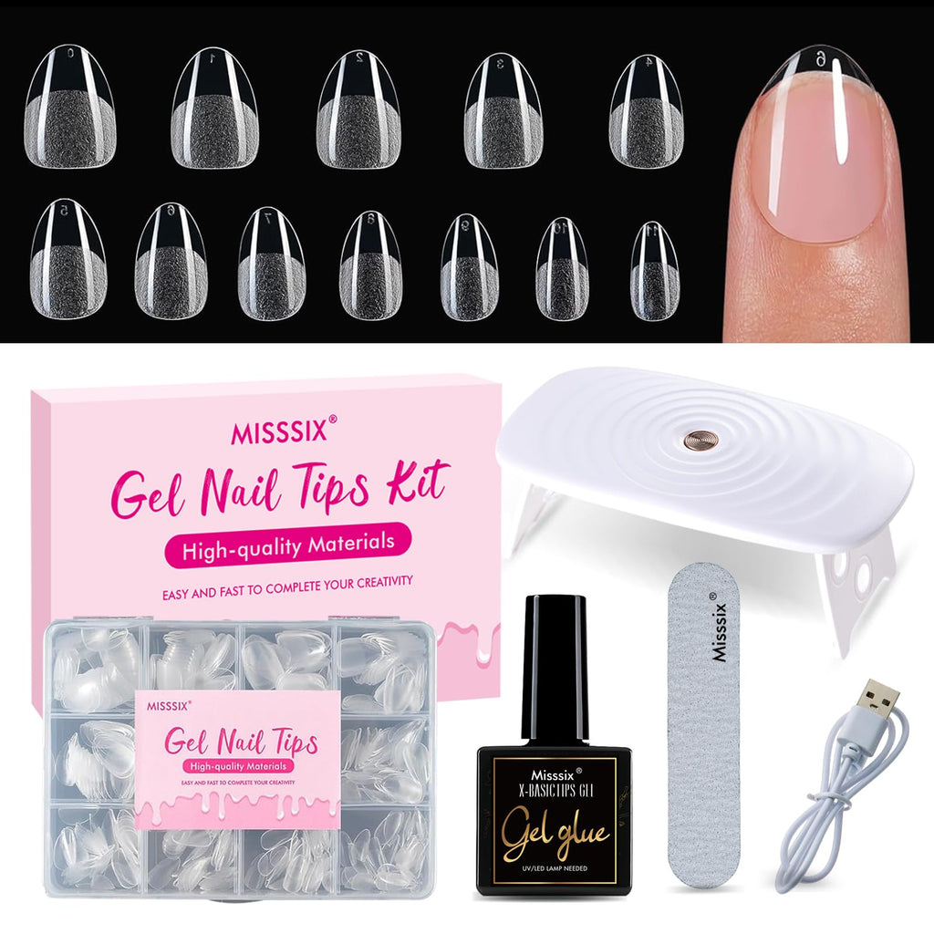 Misssix Extra Short Almond Gel Nail Tips Kit — 360Pcs, 12 Sizes, 9-in-1 Glue & Mini UV Lamp