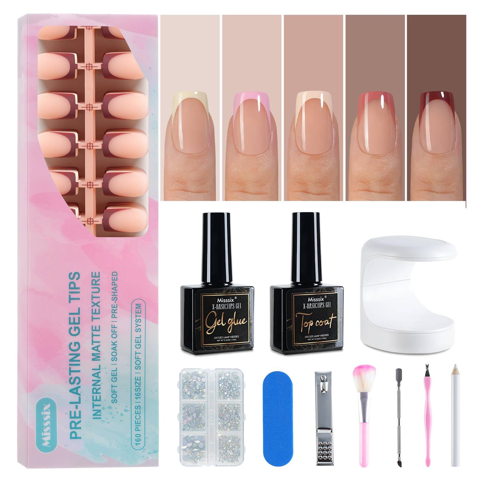 Misssix French Tip Press On Nails – 160Pcs Short Square Gel Tips Starter Kit