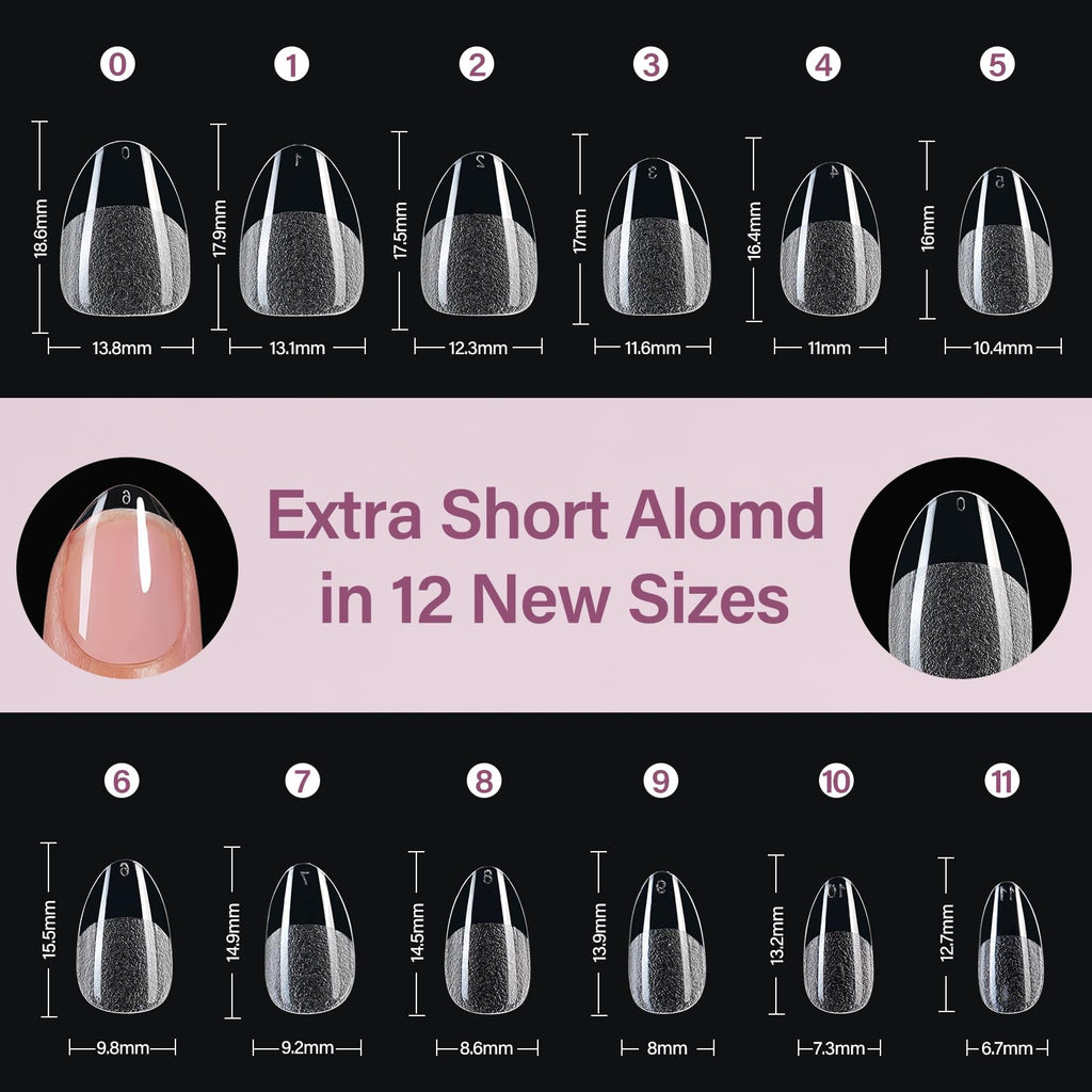 Misssix Extra Short Almond Gel Nail Tips Kit — 360Pcs, 12 Sizes, 9-in-1 Glue & Mini UV Lamp