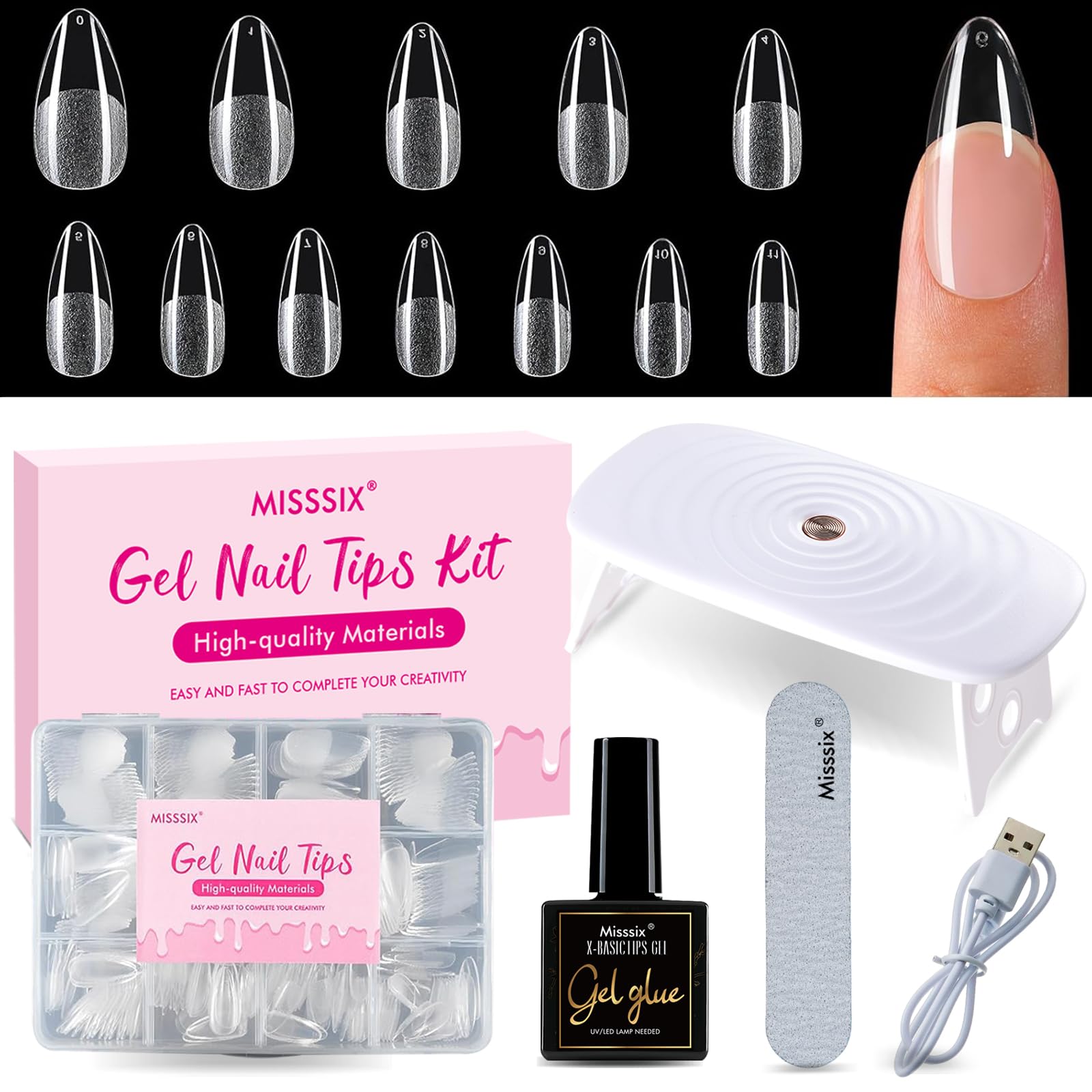 Misssix Medium Almond Gel Nail Tips Kit – 360Pcs, 12 Sizes, Portable UV Lamp
