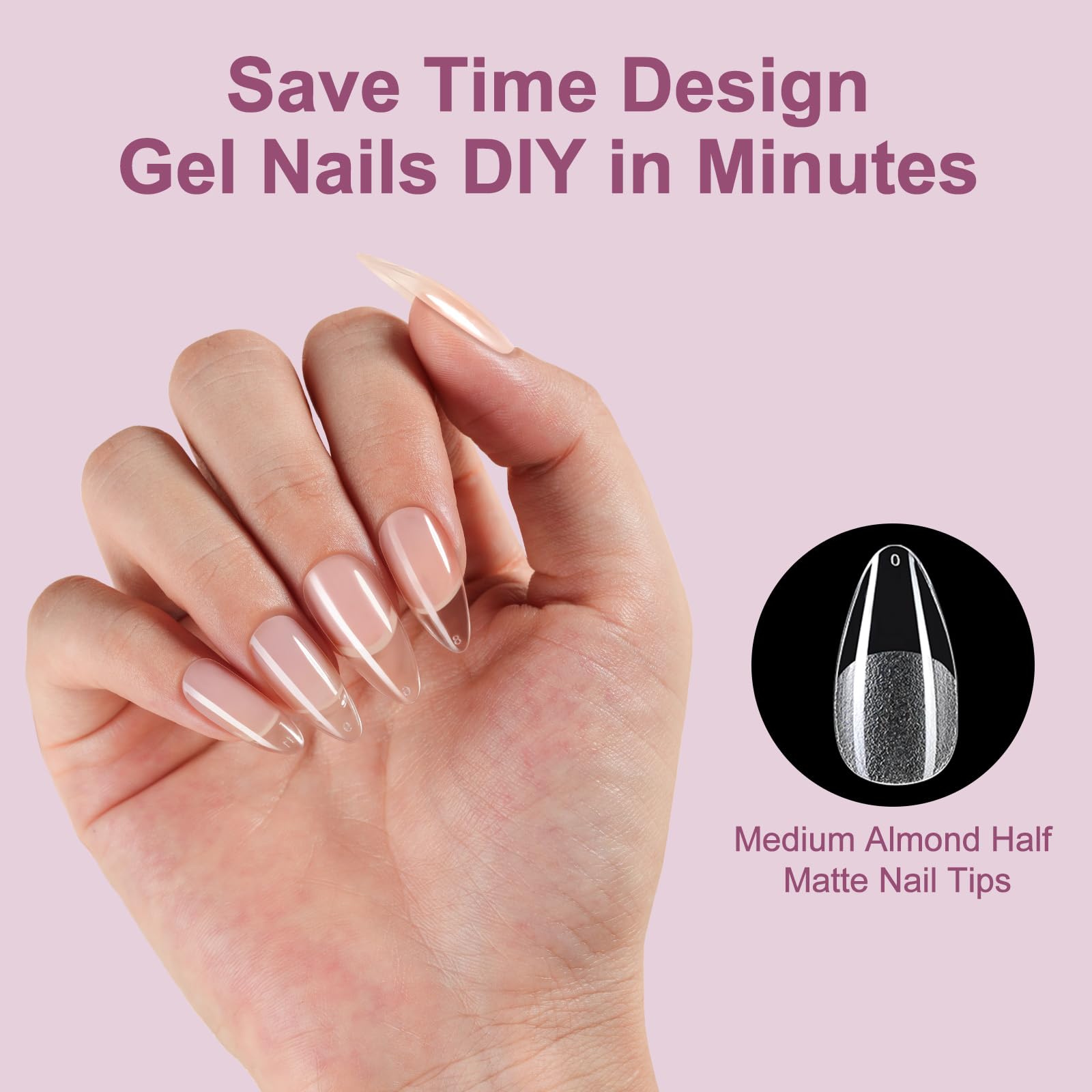 Misssix Medium Almond Gel Nail Tips Kit – 360Pcs, 12 Sizes, Portable UV Lamp