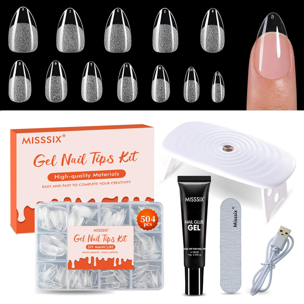 Misssix Short Almond Gel x Nail Tips Kit — 504Pcs Clear Nails, 12 Sizes, Portable UV Lamp