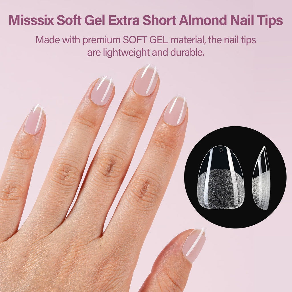 Misssix Extra Short Almond Gel Nail Tips Kit — 360Pcs, 12 Sizes, 9-in-1 Glue & Mini UV Lamp