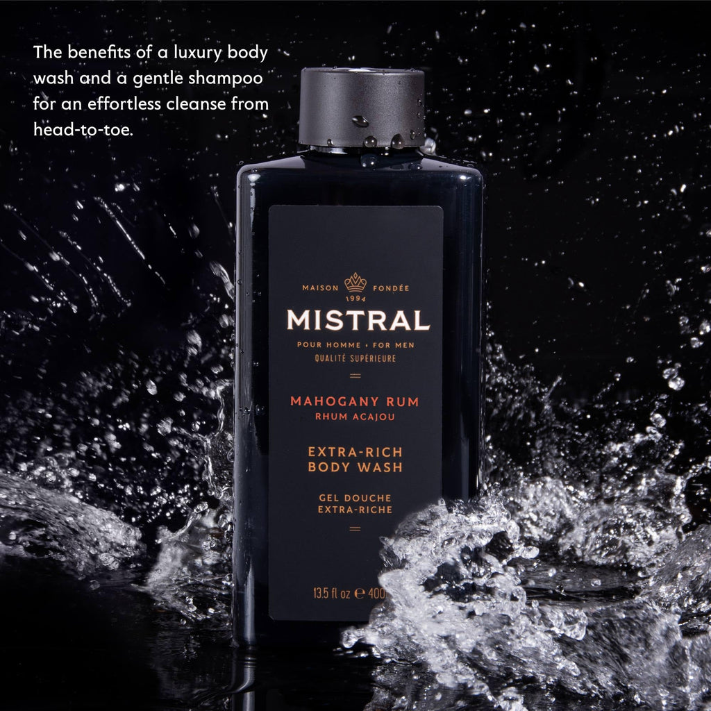 Mistral Mahogany Rum 2-in-1 Men’s Body Wash & Shampoo – 13.5 oz | Natural, SLS/Paraben/Phthalate Free, Made in France