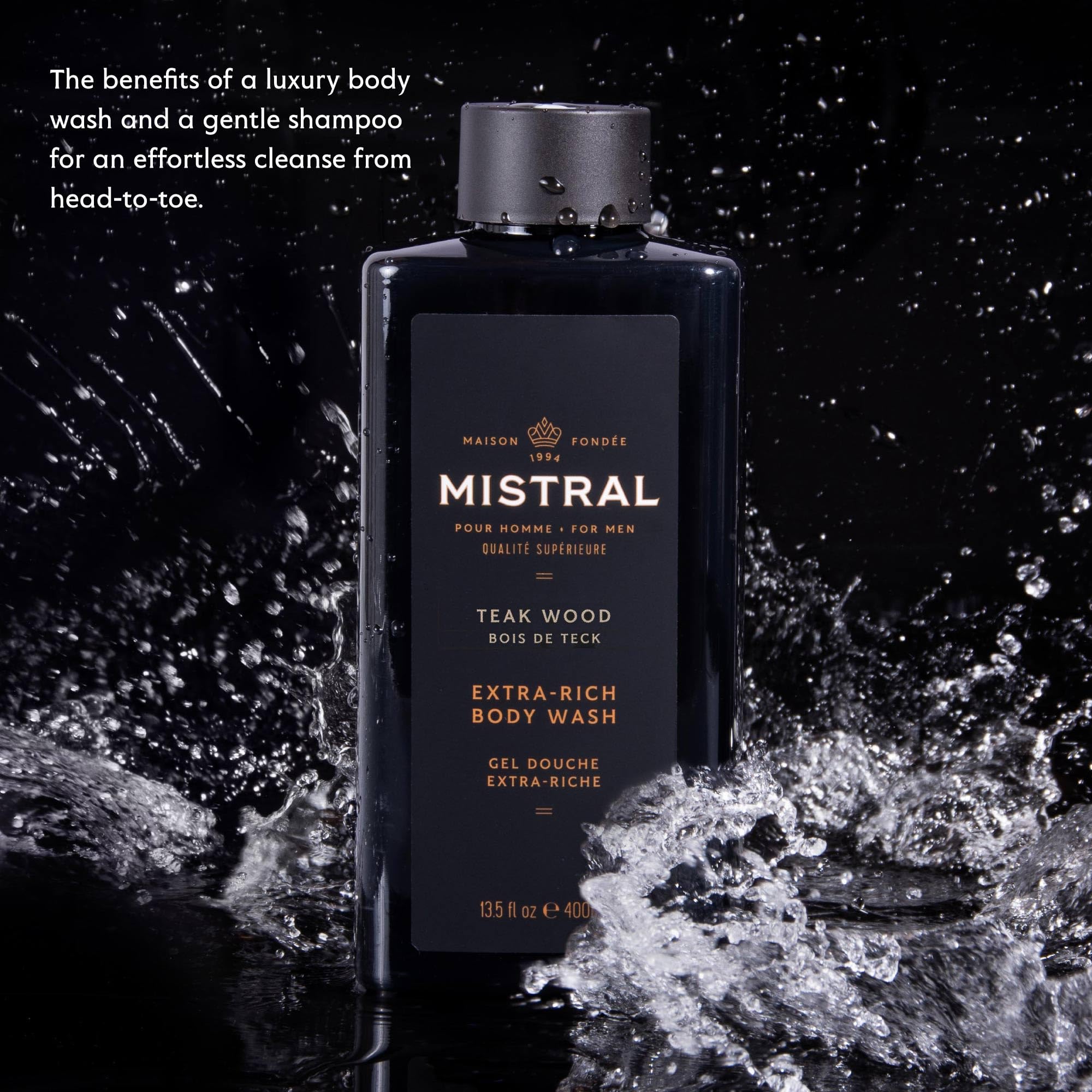 Mistral Teakwood 2-in-1 Body Wash & Shampoo for Men – 13.5 oz, Made in France