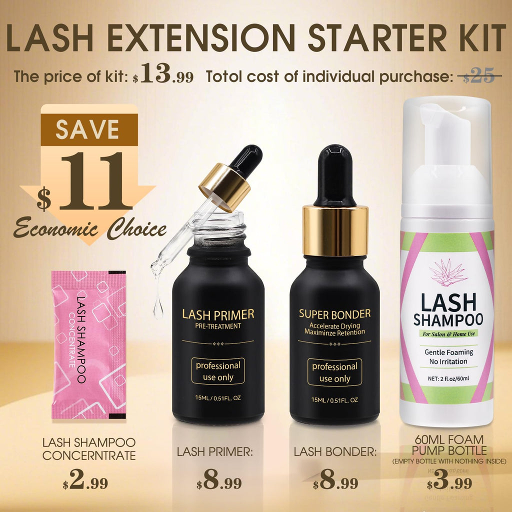 Miuffue Lash Bonder Primer & Shampoo Kit for Eyelash Extensions – Pro Use (15ml+15ml+60ml)