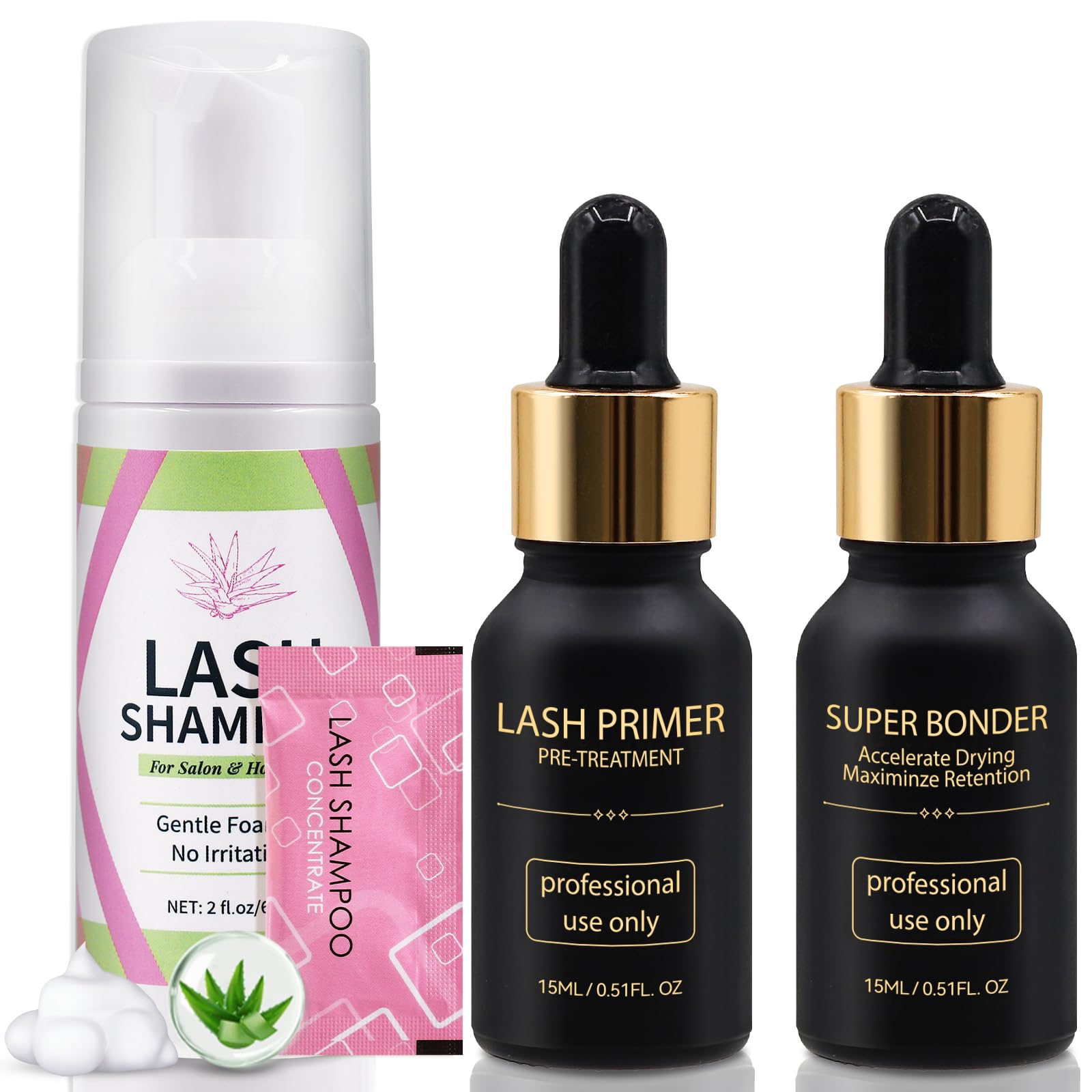 Miuffue Lash Bonder Primer & Shampoo Kit for Eyelash Extensions – Pro Use (15ml+15ml+60ml)