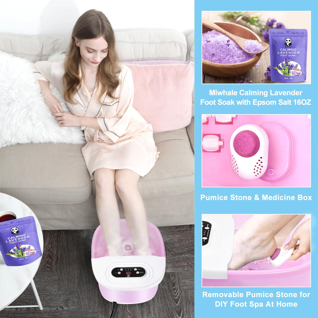 Miwhale Foot Spa Bath Massager — Heat, Bubbles, Vibration, Infrared Light | 16 oz Lavender Soak (Pink)