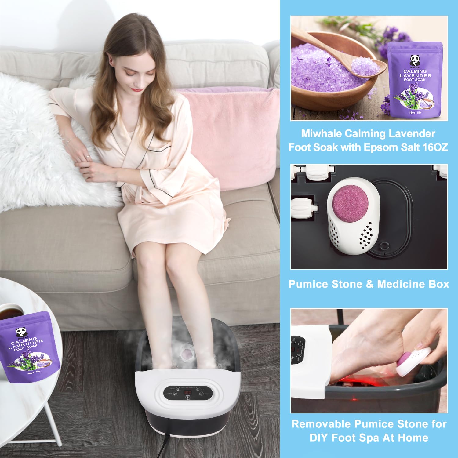 Miwhale Foot Spa Bath Massager — Heat, Bubbles, Vibration & Infrared, Lavender Soak