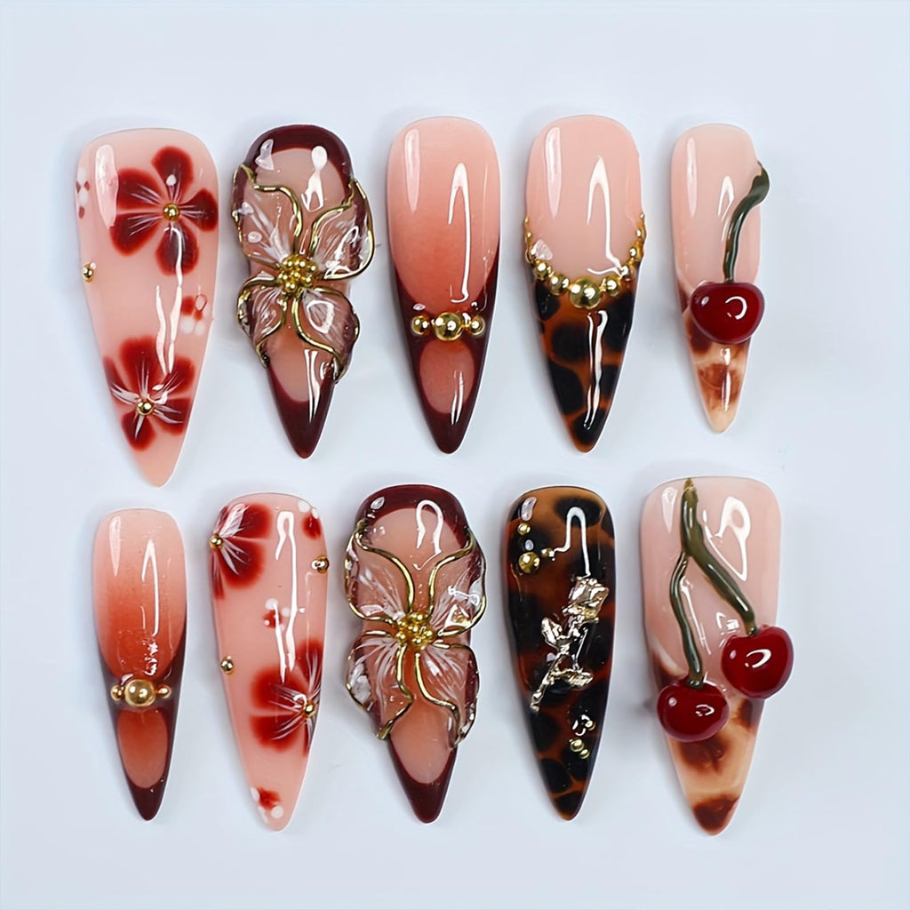 MIXFOSAHN Handmade Press-On Nails – Medium Almond Leopard with 3D Gold Flowers