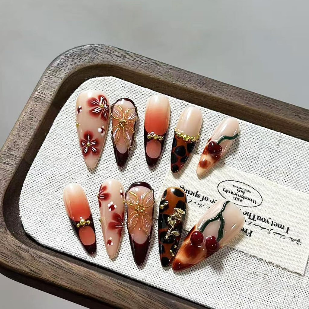 MIXFOSAHN Handmade Press-On Nails – Medium Almond Leopard with 3D Gold Flowers