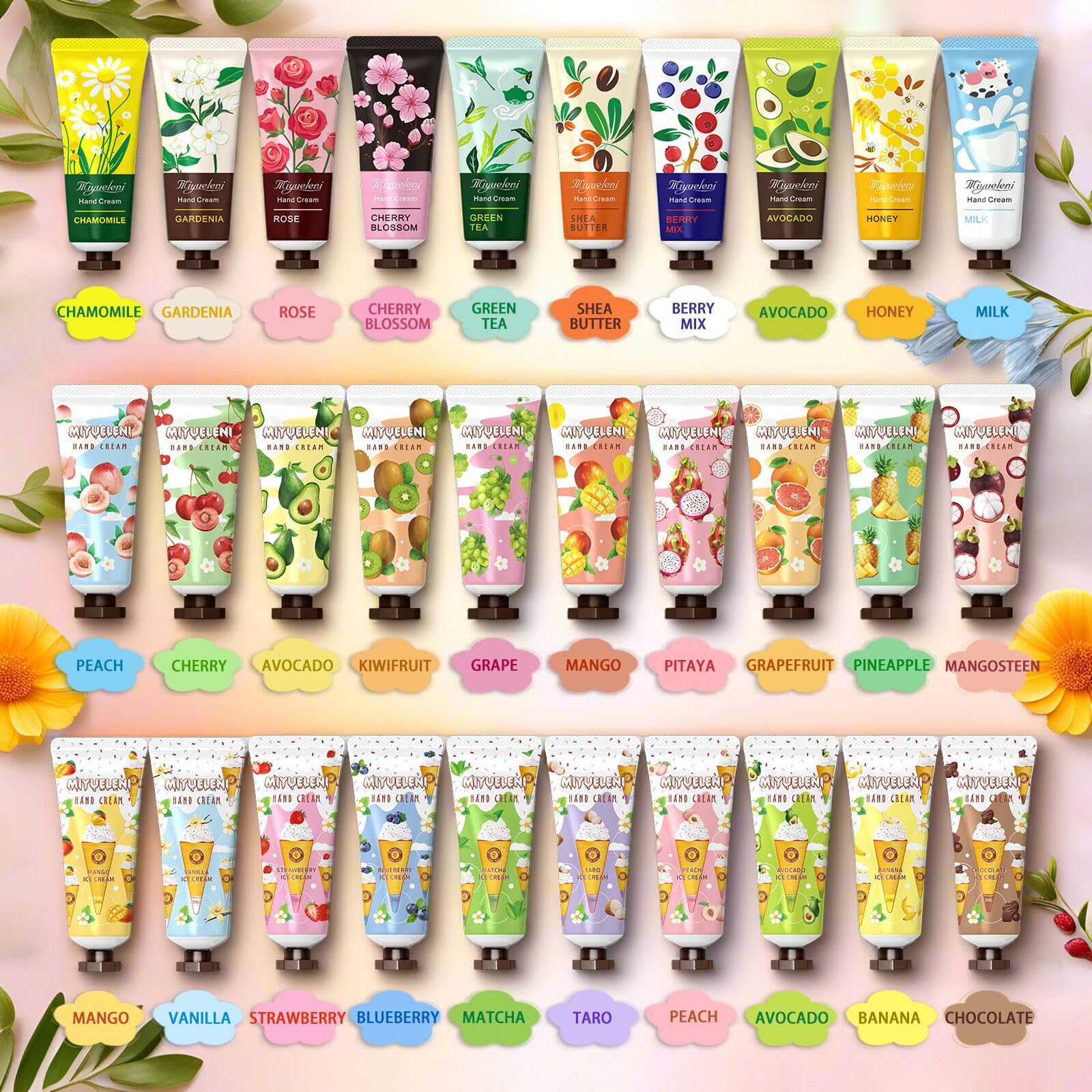 MIYUELENI 30-Pack Hand Cream Gift Set – 20ml Travel-Size Moisturizers for Dry Hands, Ideal Gifts