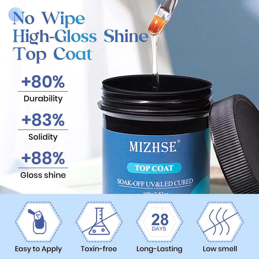 MIZHSE 100ml No-Wipe Gel Top Coat – High-Gloss, Long-Lasting Nail Finish Gift Kit