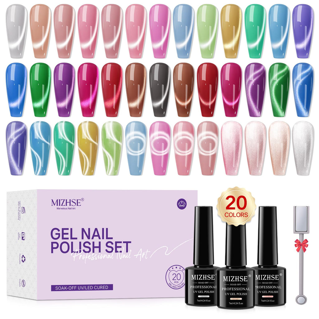 MIZHSE Cat Eye Gel Nail Polish Kit – 20 Magnetic Colors & Magnet Stick for DIY Home Salon