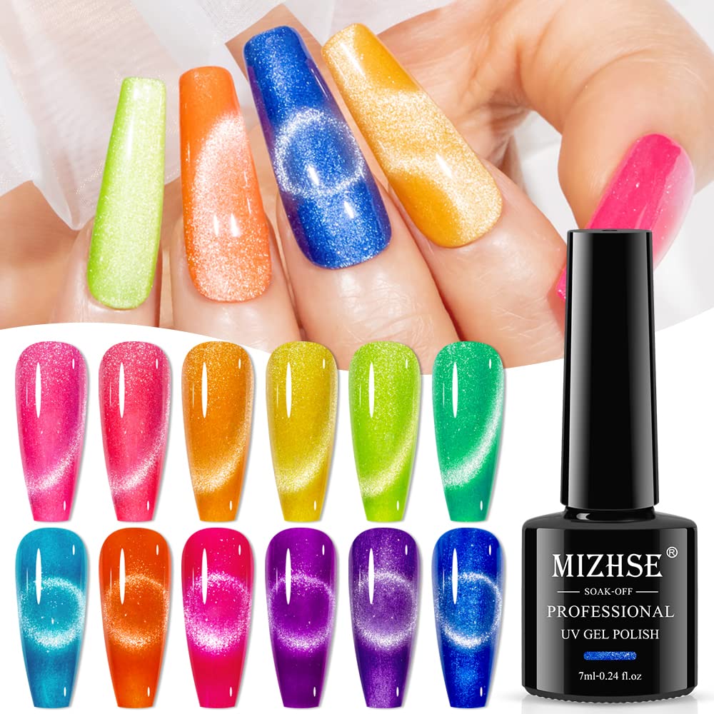 MIZHSE Neon Cat Eye Gel Polish Kit – 12-Color Glitter Magnetic Set with 3D Magnet