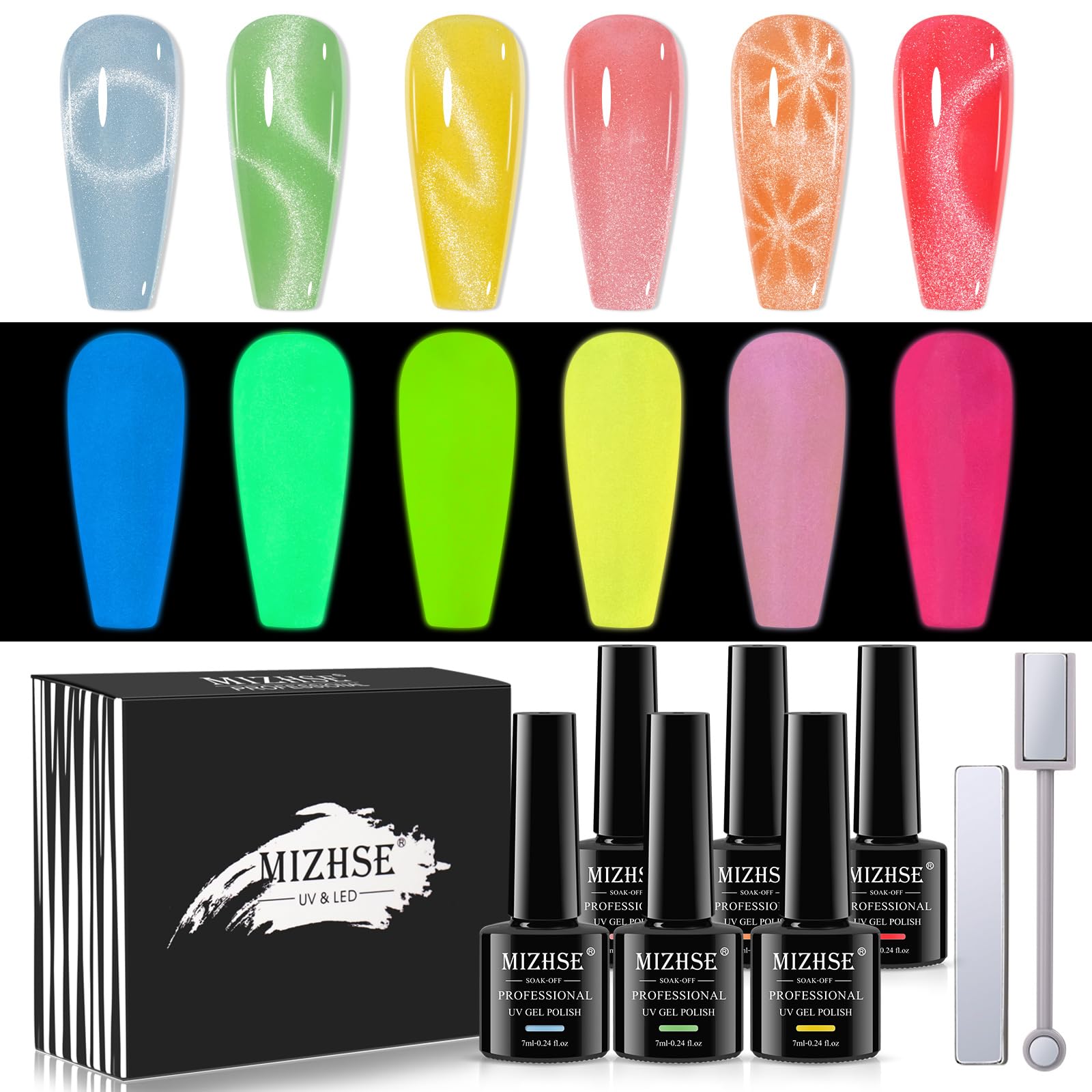 MIZHSE Glow in The Dark Gel Nail Polish Set – Neon Cat Eye Kit with Magnet Stick