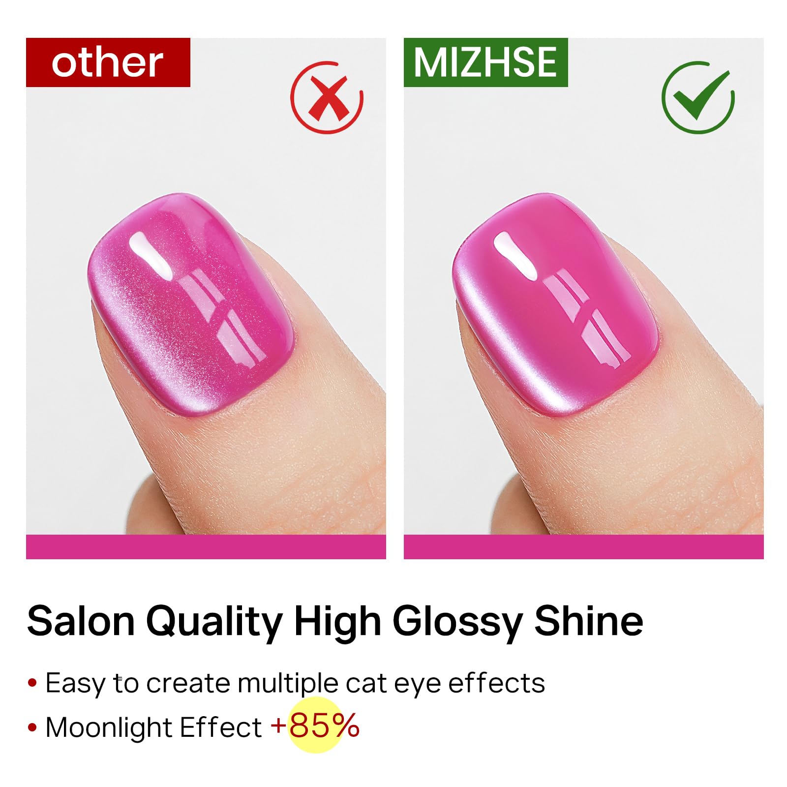 MIZHSE Cat Eye Gel Nail Polish Set – Pink Magnetic Gel Polish with Magnet Stick, Neon Hot Pink Gloss
